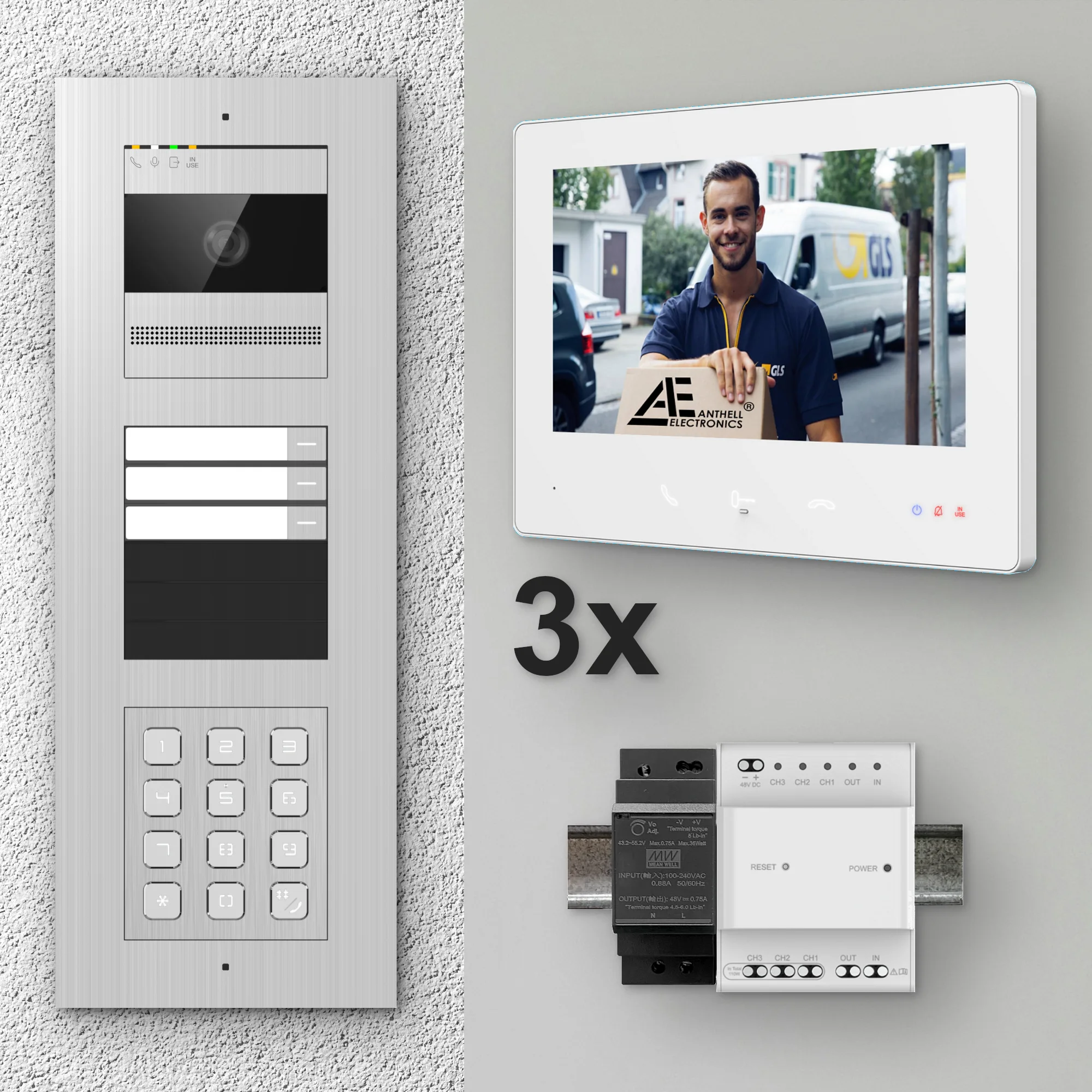 2W-3FVS-C-7MW-3 / Edelstahl 3-Fam. Videotürsprechanlage / 2MP Kamera / PIN-Code / 2-Draht / 7" Monitor Weiß