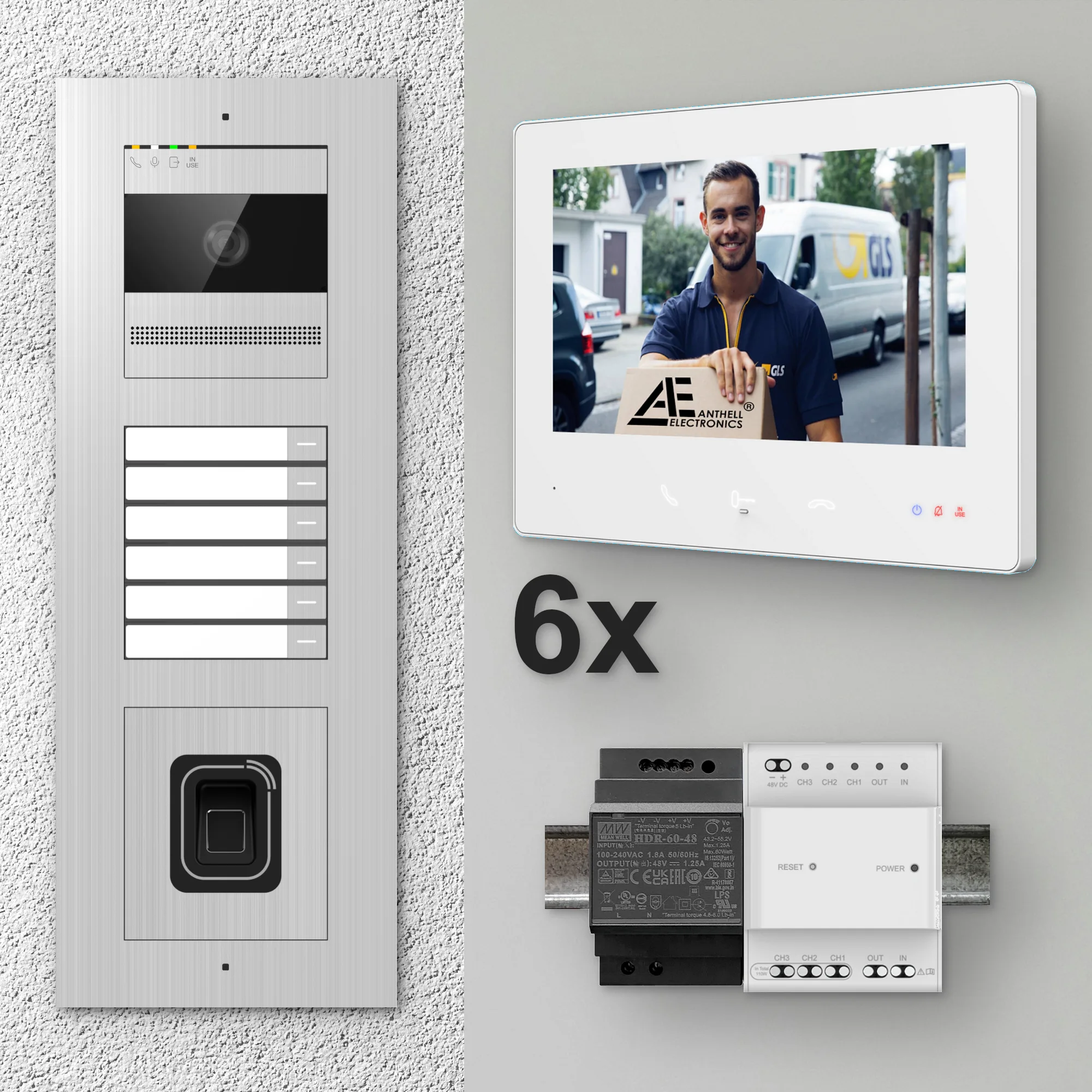 2W-6FVS-F-7MW-6 / Edelstahl 6-Fam. Videotürsprechanlage / 2MP Kamera / Fingerprint / Mifare / 2-Draht / 7" Monitor Weiß