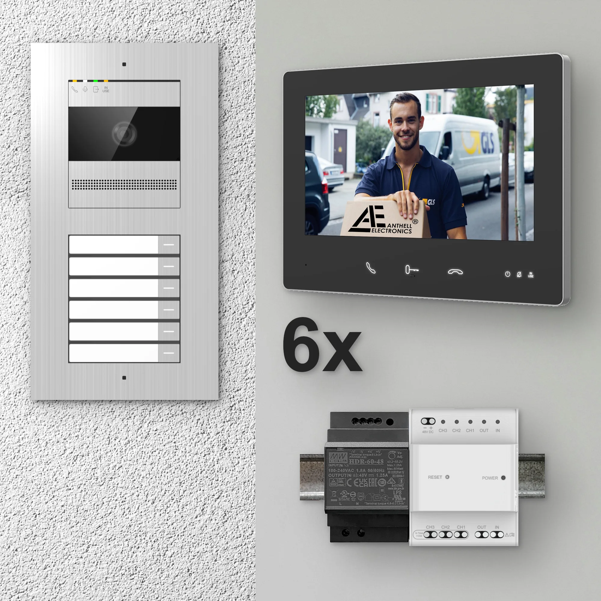 2W-6FVS-7MB-6 / 6-Fam. Video Sprechanlage / Edelstahl / 2-Draht / 2MP Kamera / 7" Monitor / Schwarz