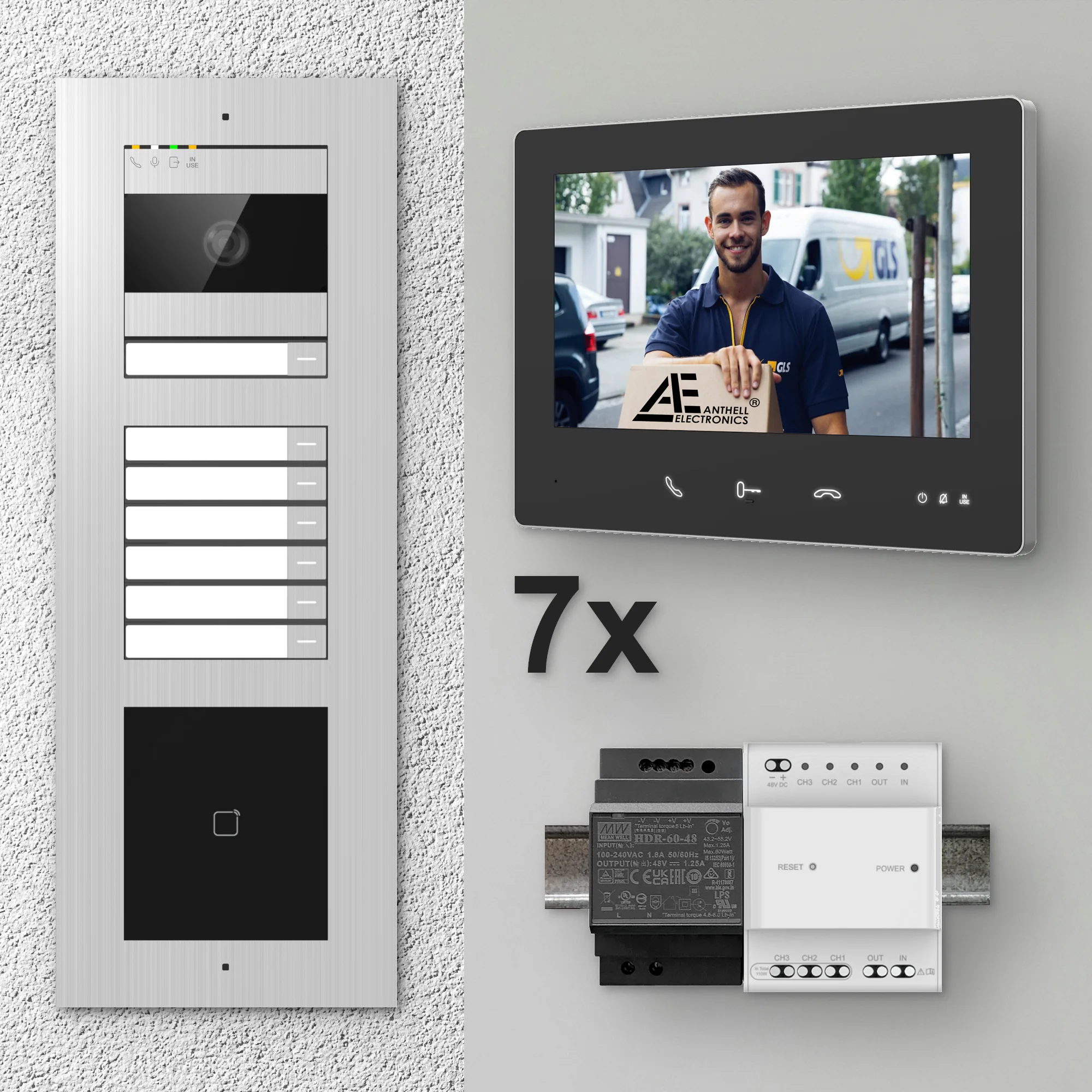2W-7FVS-M-7MB-7 / Edelstahl 7-Fam. Videotürsprechanlage / 2MP Kamera / 13,56 MHz Karten-Leser / 2-Draht / 7" Monitor Schwarz