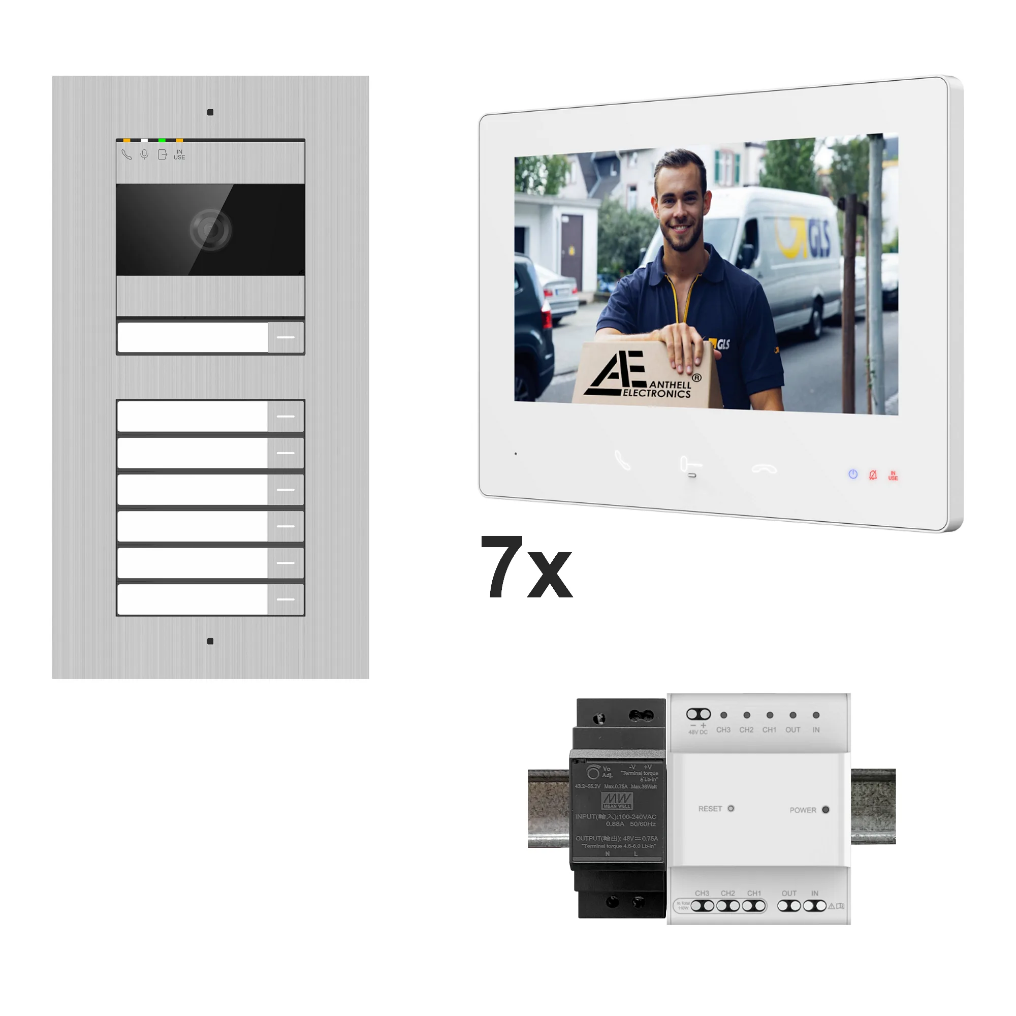 2W-7FVS-7MW-7 / 7-Fam. Video Sprechanlage / Edelstahl / 2-Draht / 2MP Kamera / 7" Monitor / Weiß