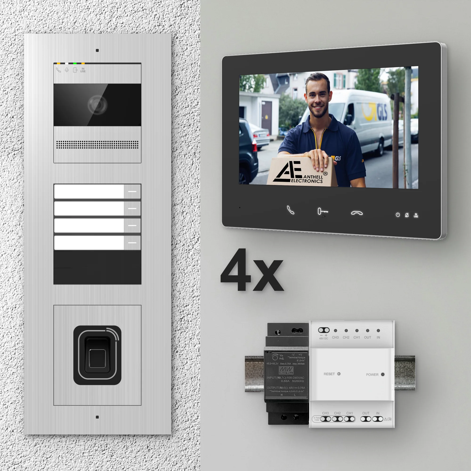 2W-4FVS-F-7MB-4 / Edelstahl 4-Fam. Videotürsprechanlage / 2MP Kamera / Fingerprint / Mifare / 2-Draht / 7" Monitor Schwarz