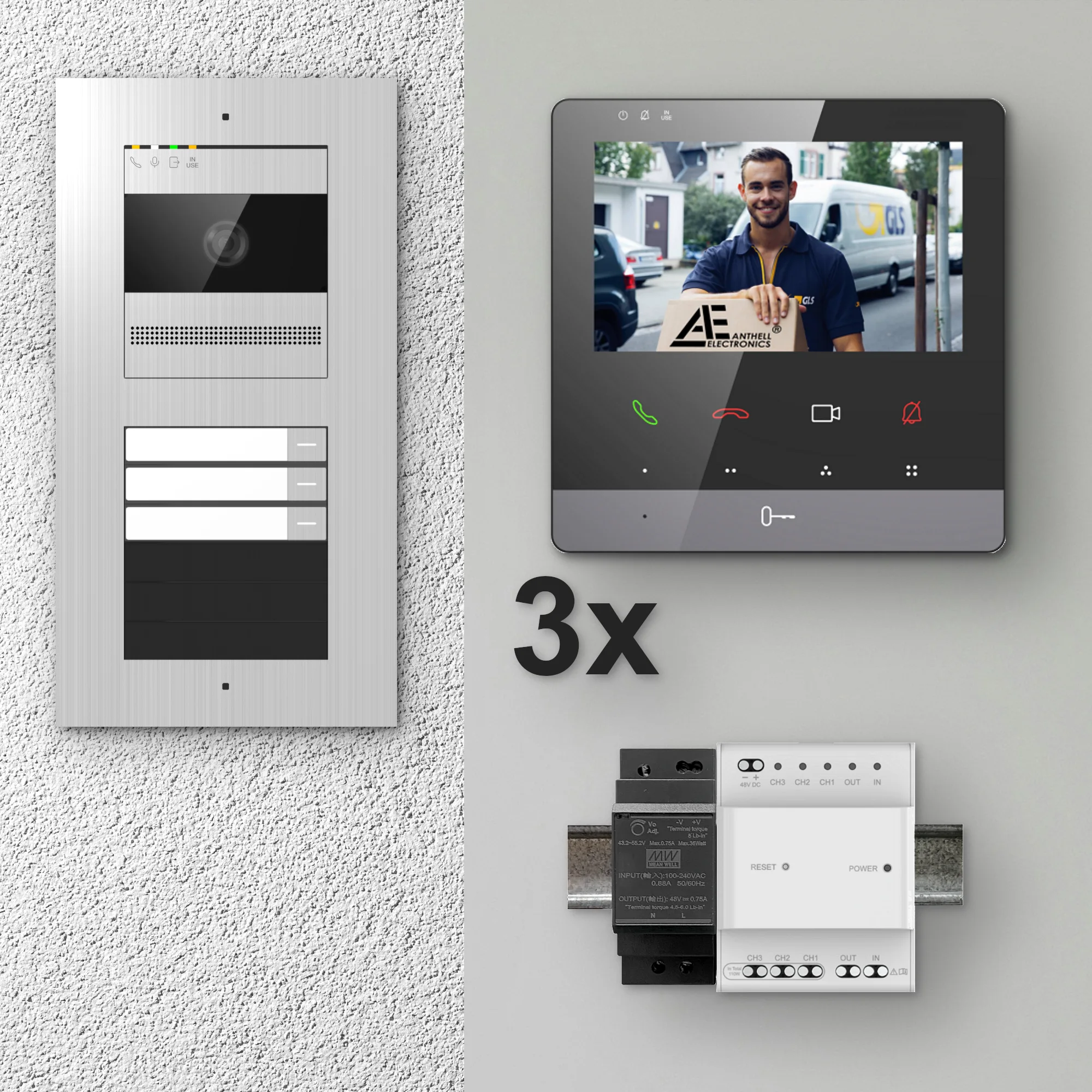 2W-3FVS-4MB-3 / 3-Fam. Video Sprechanlage / Edelstahl / 2-Draht / 2MP Kamera / 4,3" Monitor / Schwarz