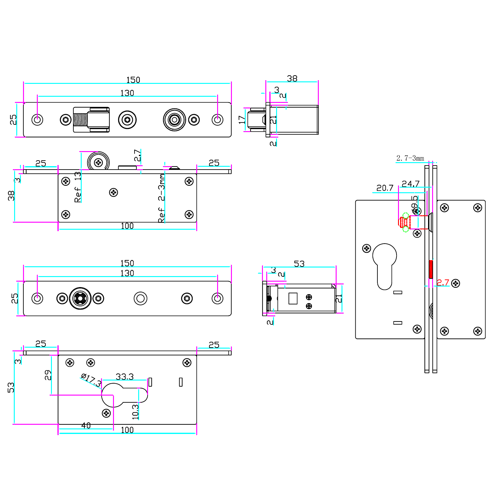 SS-320B ELEKTRISCHES SCHIEBETÜR-SCHLOSS / ZYLINDER / 12V DC / FAIL SECURE