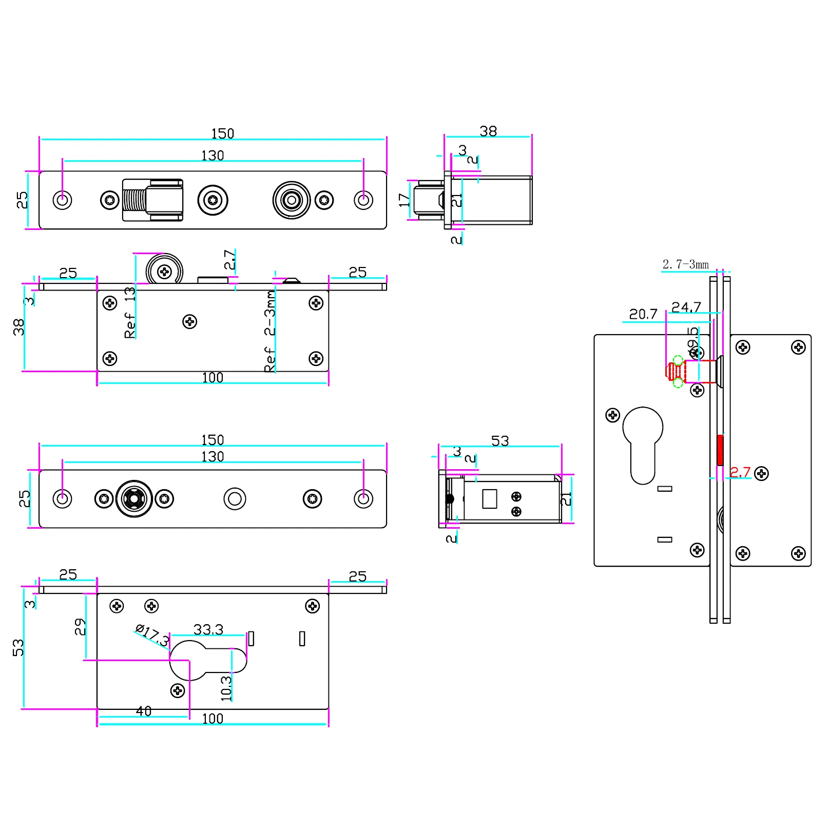 SS-320B Elektrisches Schiebetürschloss / Bolzen / Zylinder / 12V DC / Fail Secure
