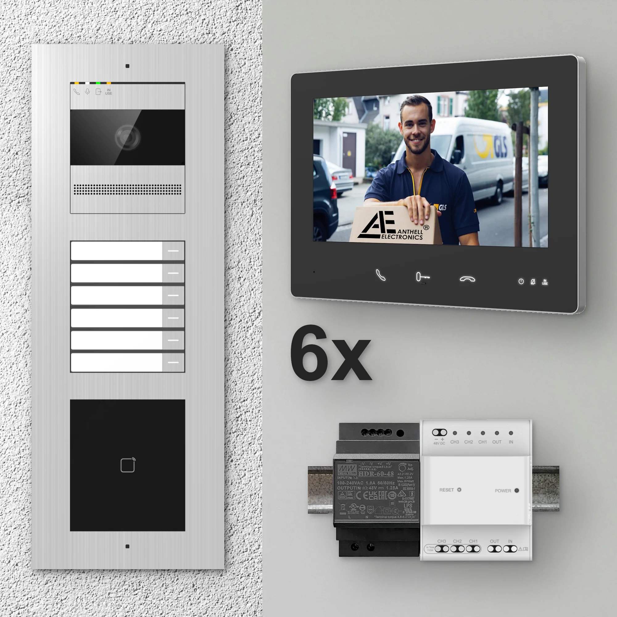 2W-6FVS-M-7MB-6 / Edelstahl 6-Fam. Videotürsprechanlage / 2MP Kamera / 13,56 MHz Karten-Leser / 2-Draht / 7" Monitor Schwarz