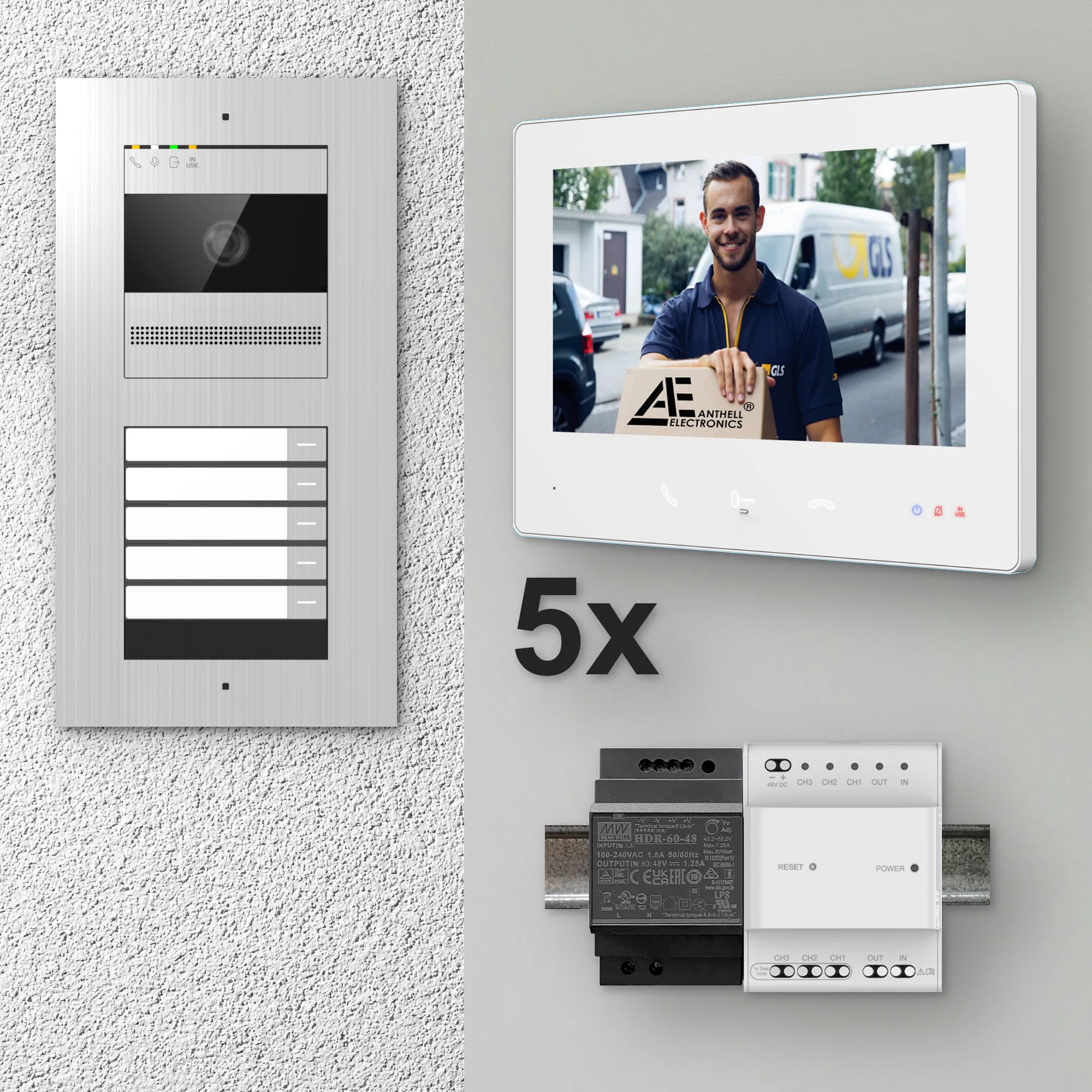 2W-5FVS-7MW-5 / 5-Fam. Video Sprechanlage / Edelstahl / 2-Draht / 2MP Kamera / 7" Monitor / Weiß