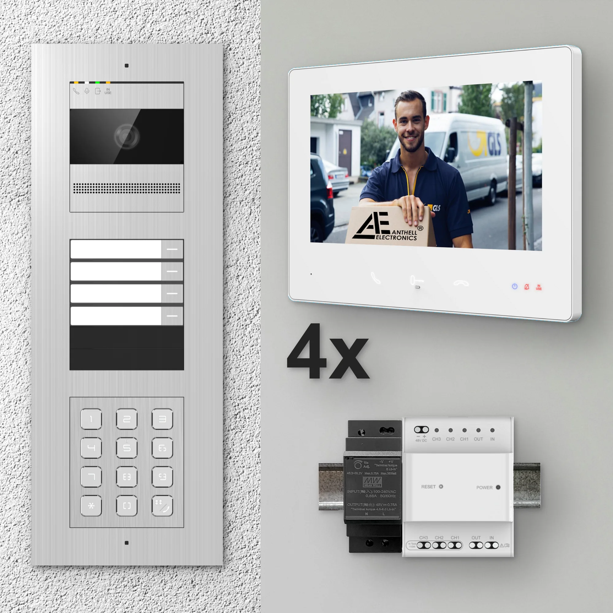 2W-4FVS-C-7MW-4 / Edelstahl 4-Fam. Videotürsprechanlage / 2MP Kamera / PIN-Code / 2-Draht / 7" Monitor Weiß