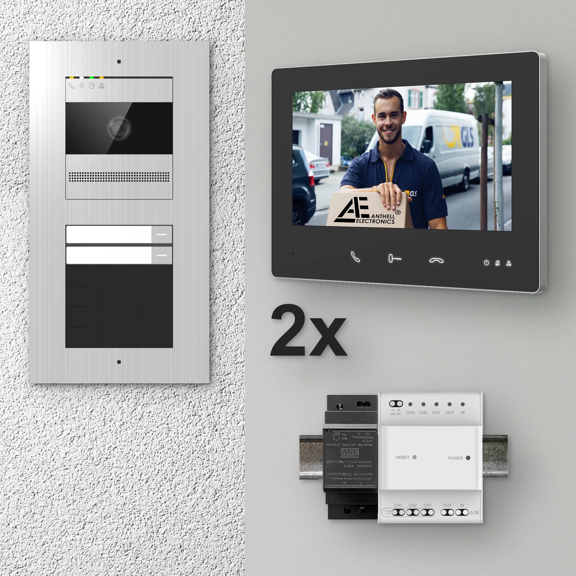 2W-2FVS-7MB-2 / 2-Fam. Video Sprechanlage / Edelstahl / 2-Draht / 2MP Kamera / 7" Monitor / Schwarz