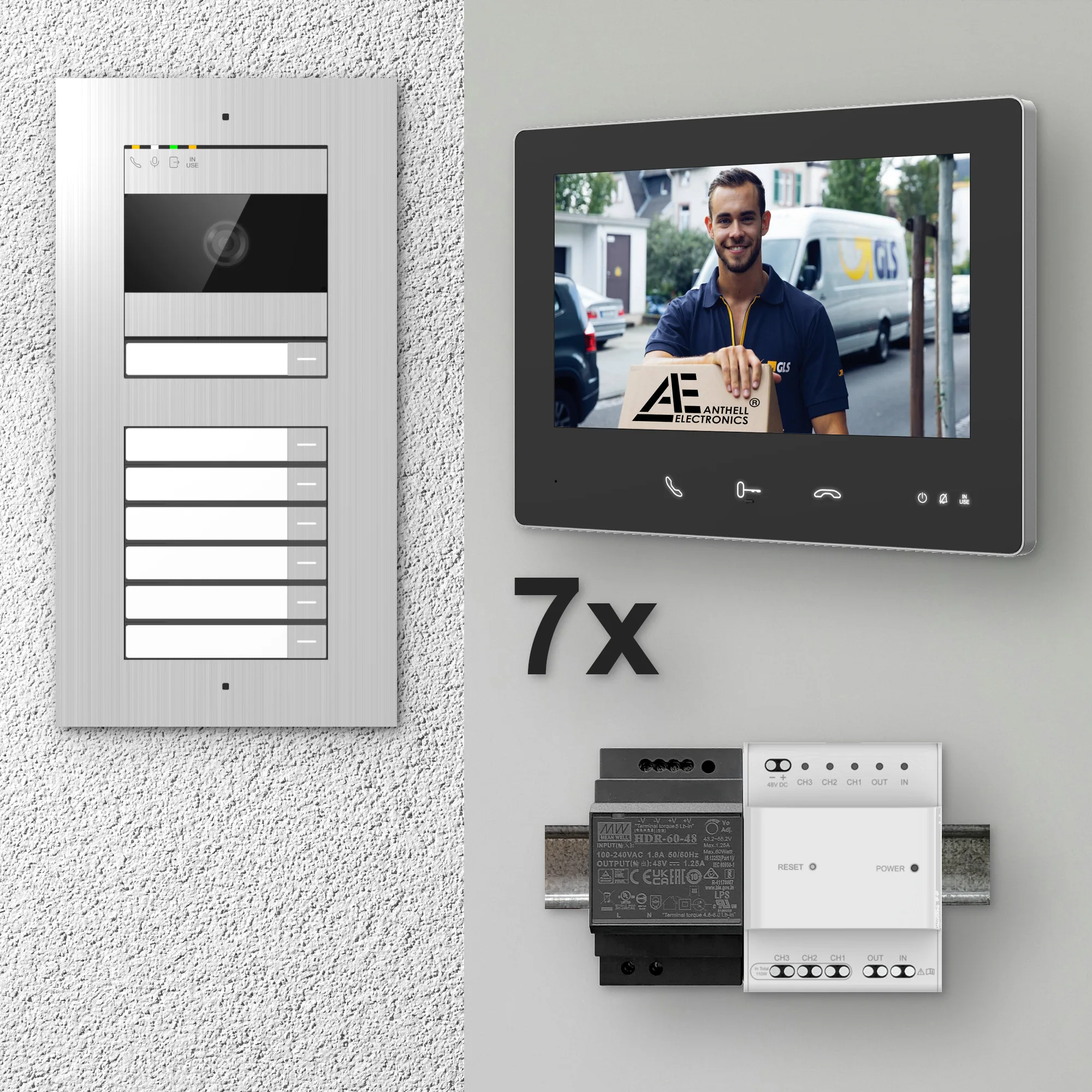 2W-7FVS-7MB-7 / 7-Fam. Video Sprechanlage / Edelstahl / 2-Draht / 2MP Kamera / 7" Monitor / Schwarz