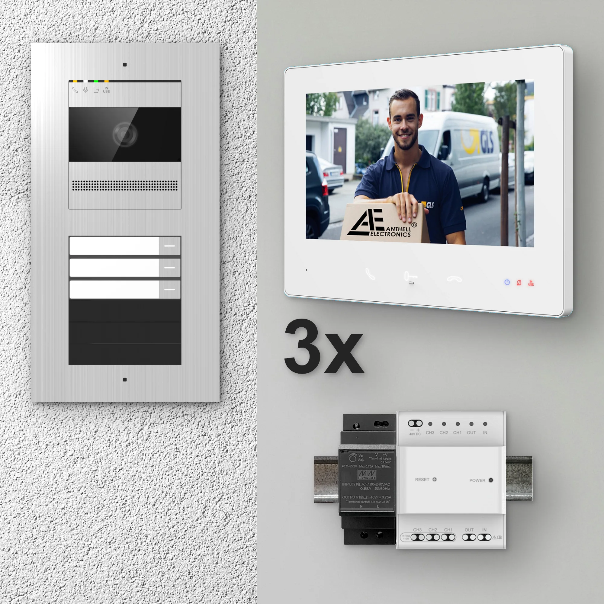 2W-3FVS-7MW-3 / 3-Fam. Video Sprechanlage / Edelstahl / 2-Draht / 2MP Kamera / 7" Monitor / Weiß
