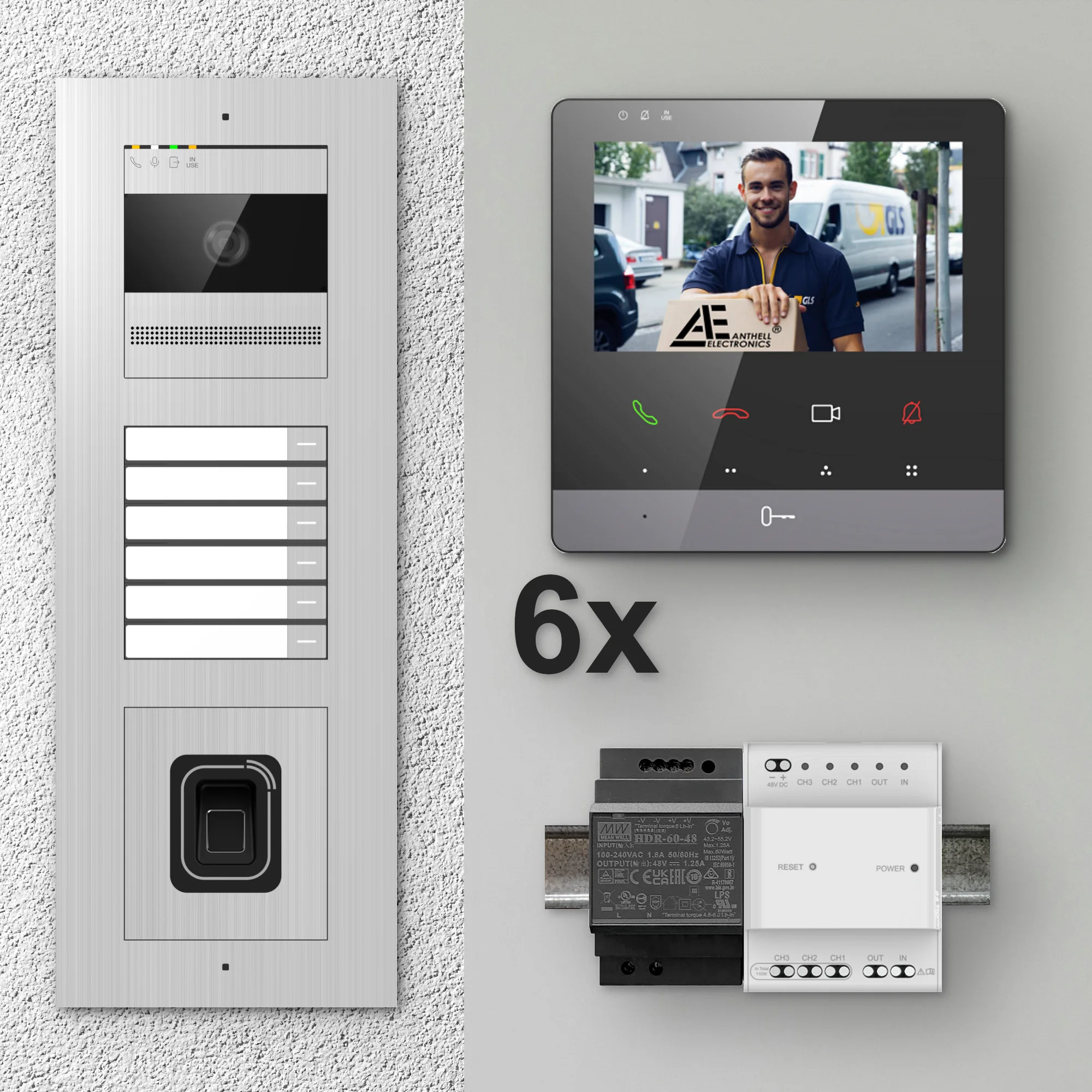 2W-6FVS-F-4MB-6 / Edelstahl 6-Fam. Videotürsprechanlage / 2MP Kamera / Fingerprint / Mifare / 2-Draht / 4,3" Monitor Schwarz