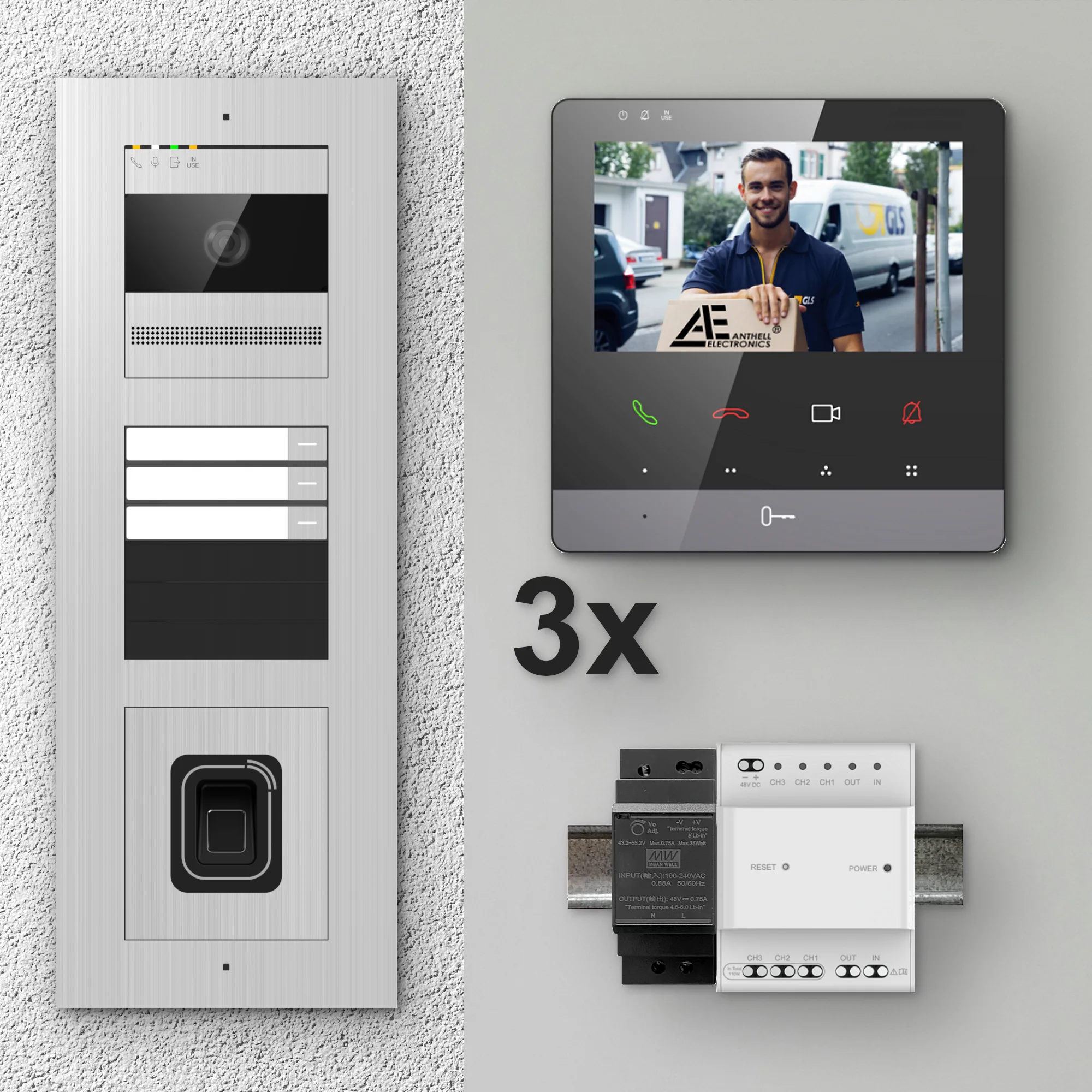 2W-3FVS-F-4MB-3 / Edelstahl 3-Fam. Videotürsprechanlage / 2MP Kamera / Fingerprint / Mifare / 2-Draht / 4,3" Monitor Schwarz