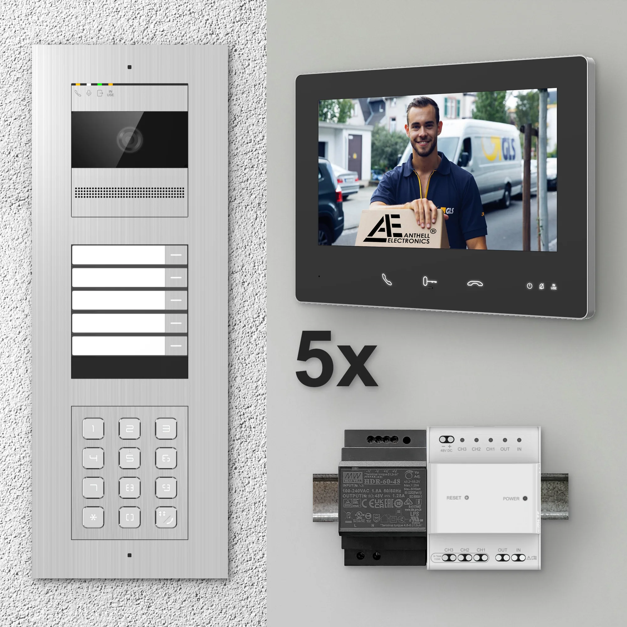 2W-5FVS-C-7MB-5 / Edelstahl 5-Fam. Videotürsprechanlage / 2MP Kamera / PIN-Code / 2-Draht / 7" Monitor Schwarz