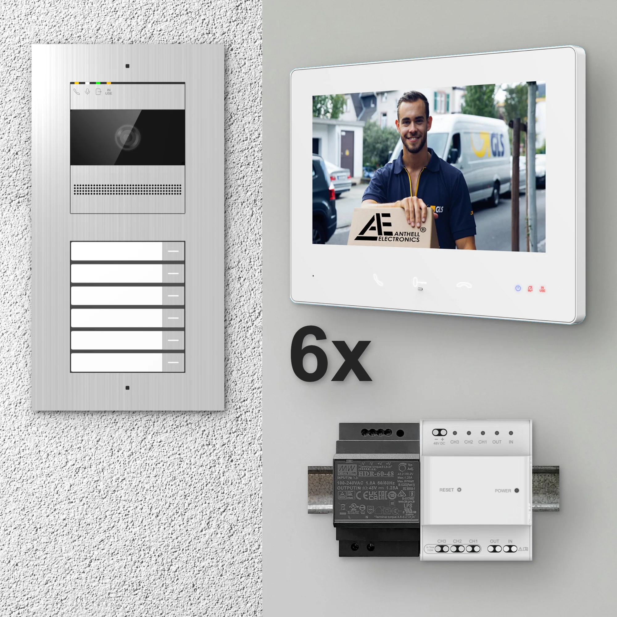 2W-6FVS-7MW-6 / 6-Fam. Video Sprechanlage / Edelstahl / 2-Draht / 2MP Kamera / 7" Monitor / Weiß