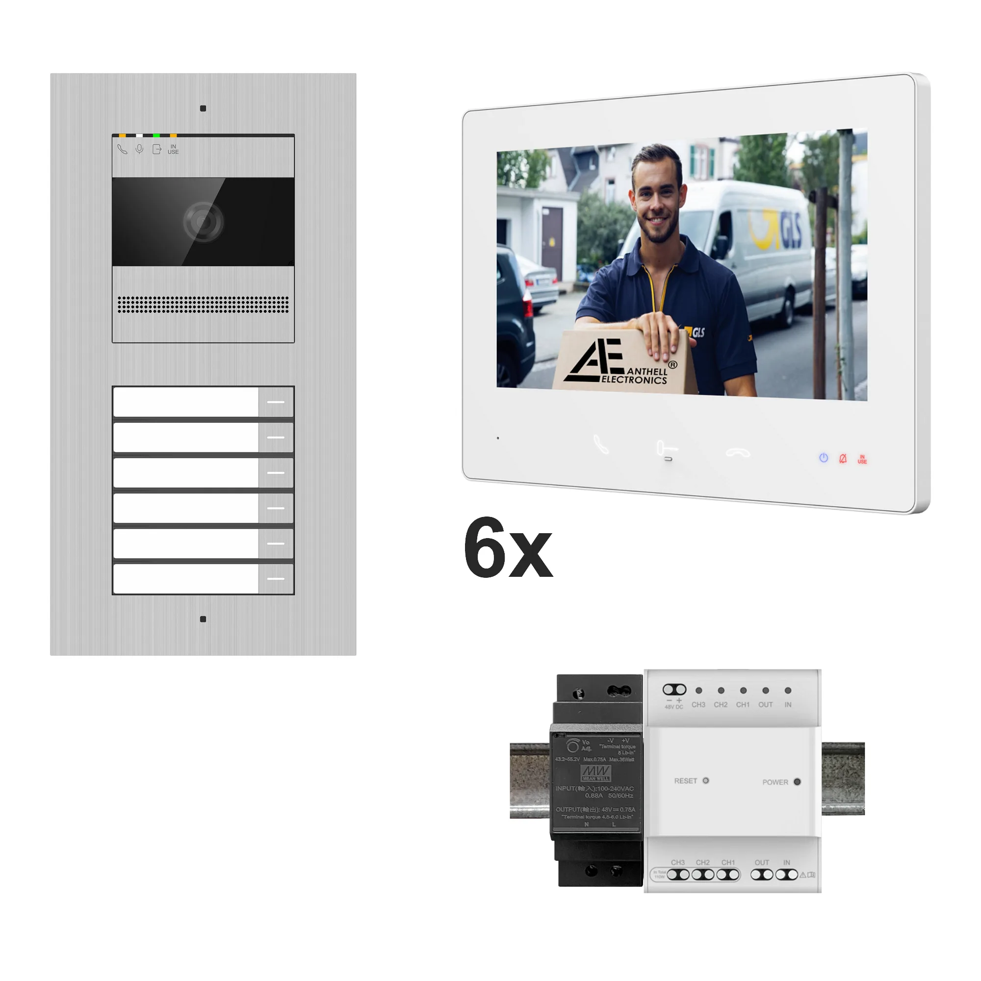 2W-6FVS-7MW-6 / 6-Fam. Video Sprechanlage / Edelstahl / 2-Draht / 2MP Kamera / 7" Monitor / Weiß