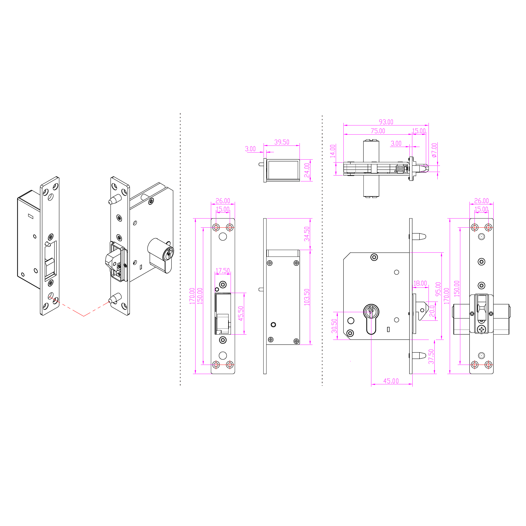 SS-330B ELEKTRISCHES SCHIEBETÜRSCHLOSS / HAKEN / ZYLINDER / 12V DC / FAIL SECURE