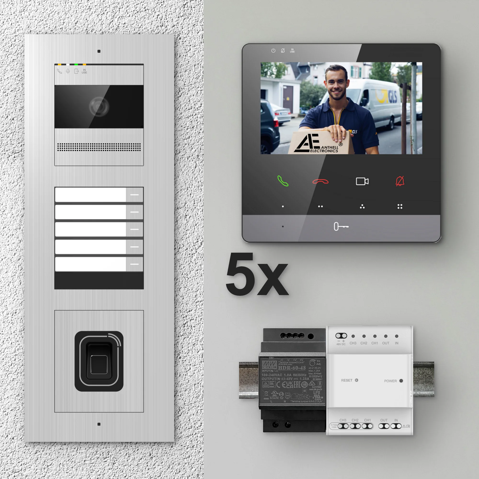 2W-5FVS-F-4MB-5 / Edelstahl 5-Fam. Videotürsprechanlage / 2MP Kamera / Fingerprint / Mifare / 2-Draht / 4,3" Monitor Schwarz