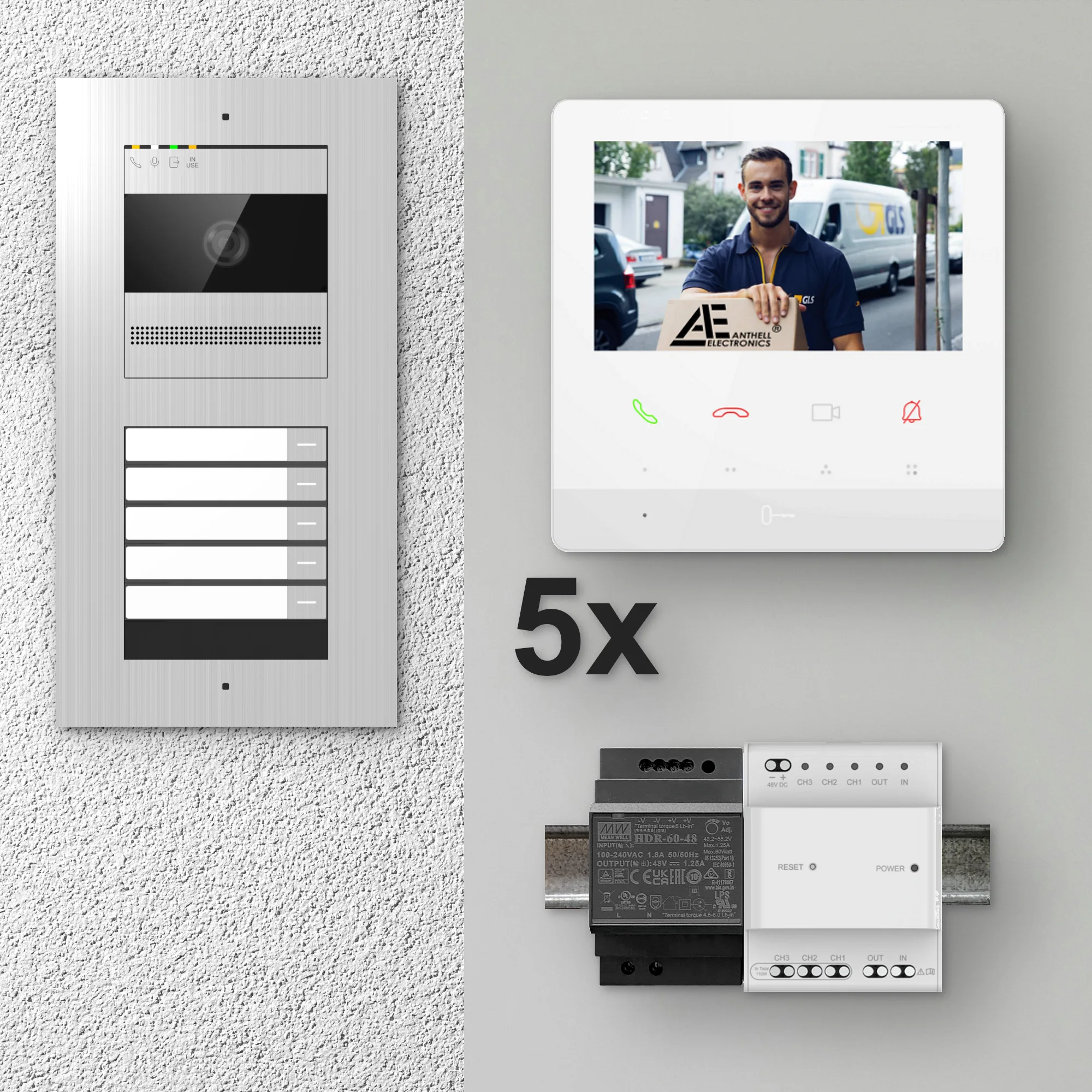 2W-5FVS-4MW-5 / 5-Fam. Video Sprechanlage / Edelstahl / 2-Draht / 2MP Kamera / 4,3" Monitor / Weiß