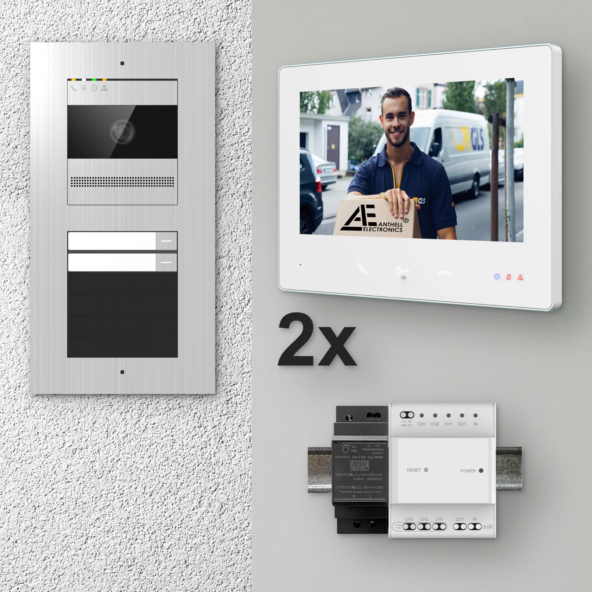 2W-2FVS-7MW-2 / 2-Fam. Video Sprechanlage / Edelstahl / 2-Draht / 2MP Kamera / 7" Monitor / Weiß