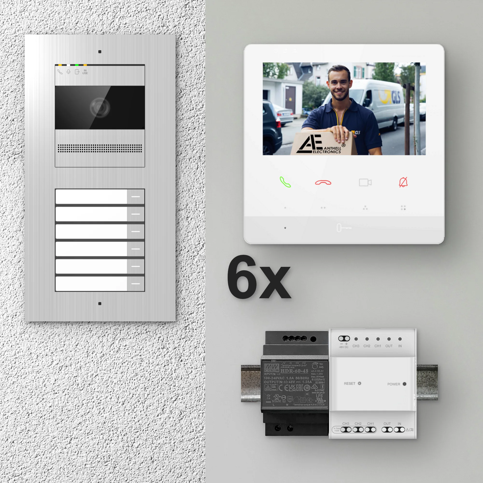 2W-6FVS-4MW-6 / 6-Fam. Video Sprechanlage / Edelstahl / 2-Draht / 2MP Kamera / 4,3" Monitor / Weiß
