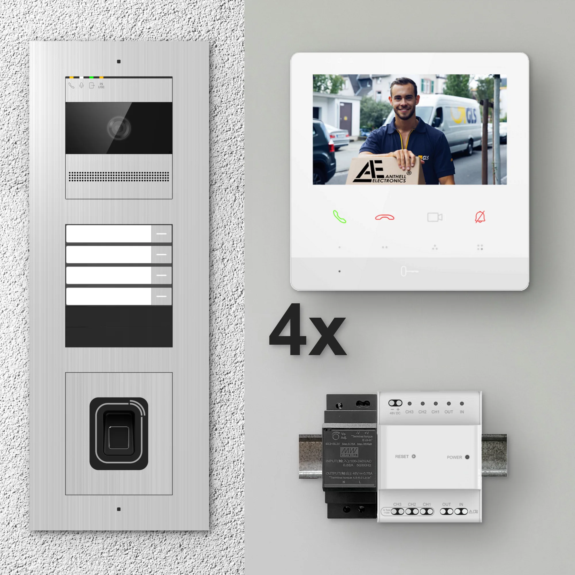2W-4FVS-F-4MW-4 / Edelstahl 4-Fam. Videotürsprechanlage / 2MP Kamera / Fingerprint / Mifare / 2-Draht / 4,3" Monitor Weiß