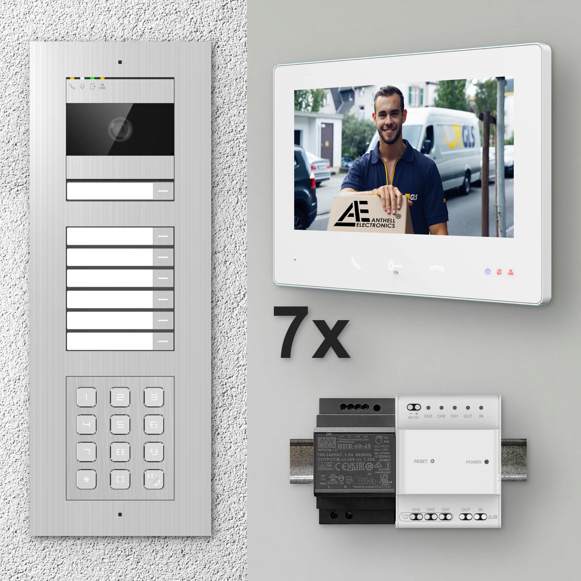 2W-7FVS-C-7MW-7 / Edelstahl 7-Fam. Videotürsprechanlage / 2MP Kamera / PIN-Code / 2-Draht / 7" Monitor Weiß