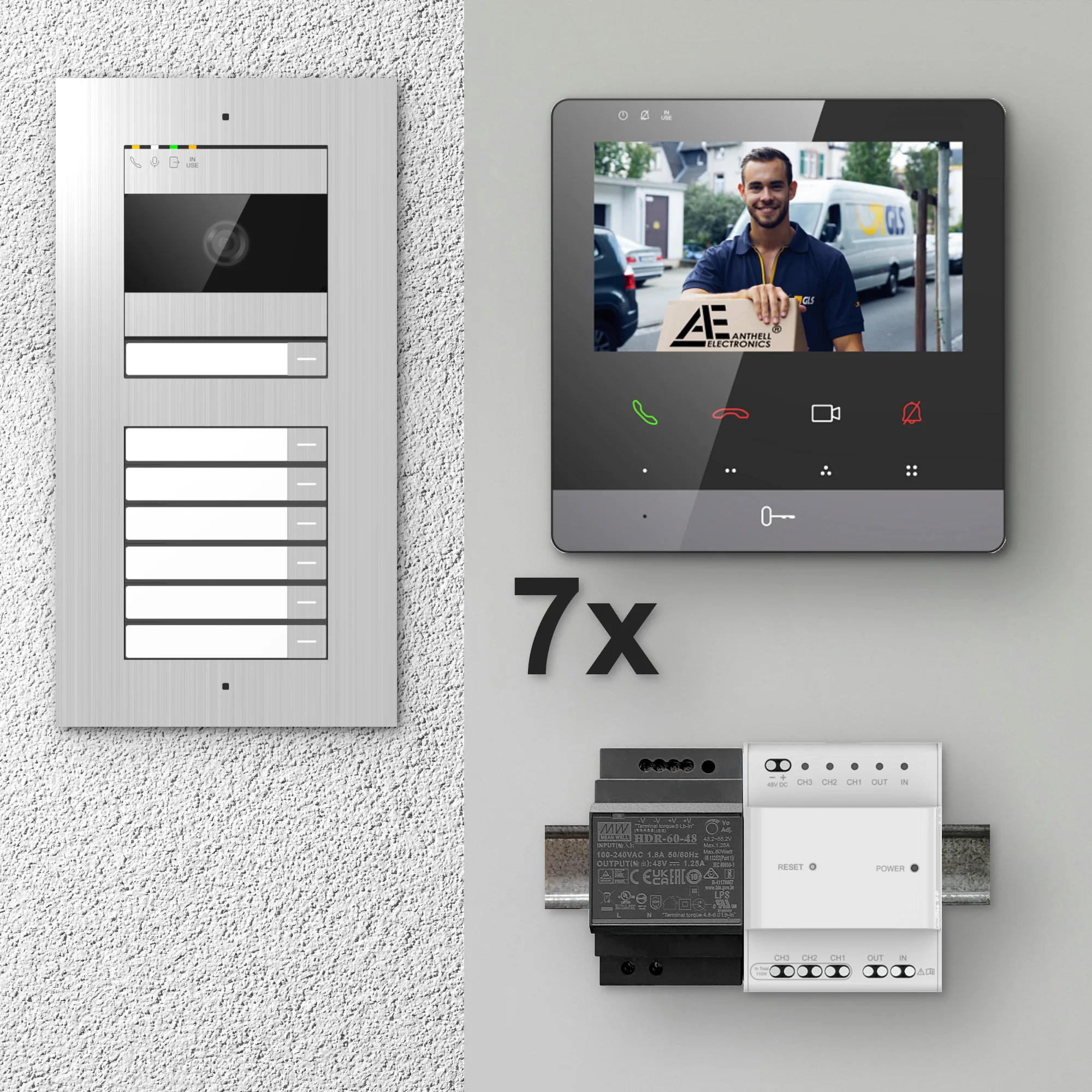 2W-7FVS-4MB-7 / 7-Fam. Video Sprechanlage / Edelstahl / 2-Draht / 2MP Kamera / 4,3" Monitor / Schwarz