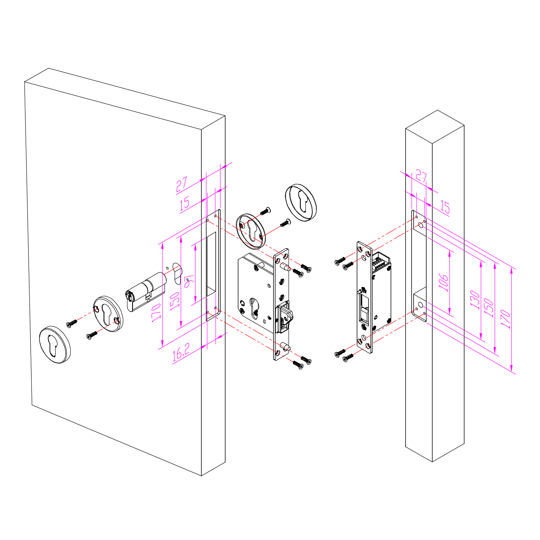 SS-330B ELEKTRISCHES SCHIEBETÜRSCHLOSS / HAKEN / ZYLINDER / 12V DC / FAIL SECURE