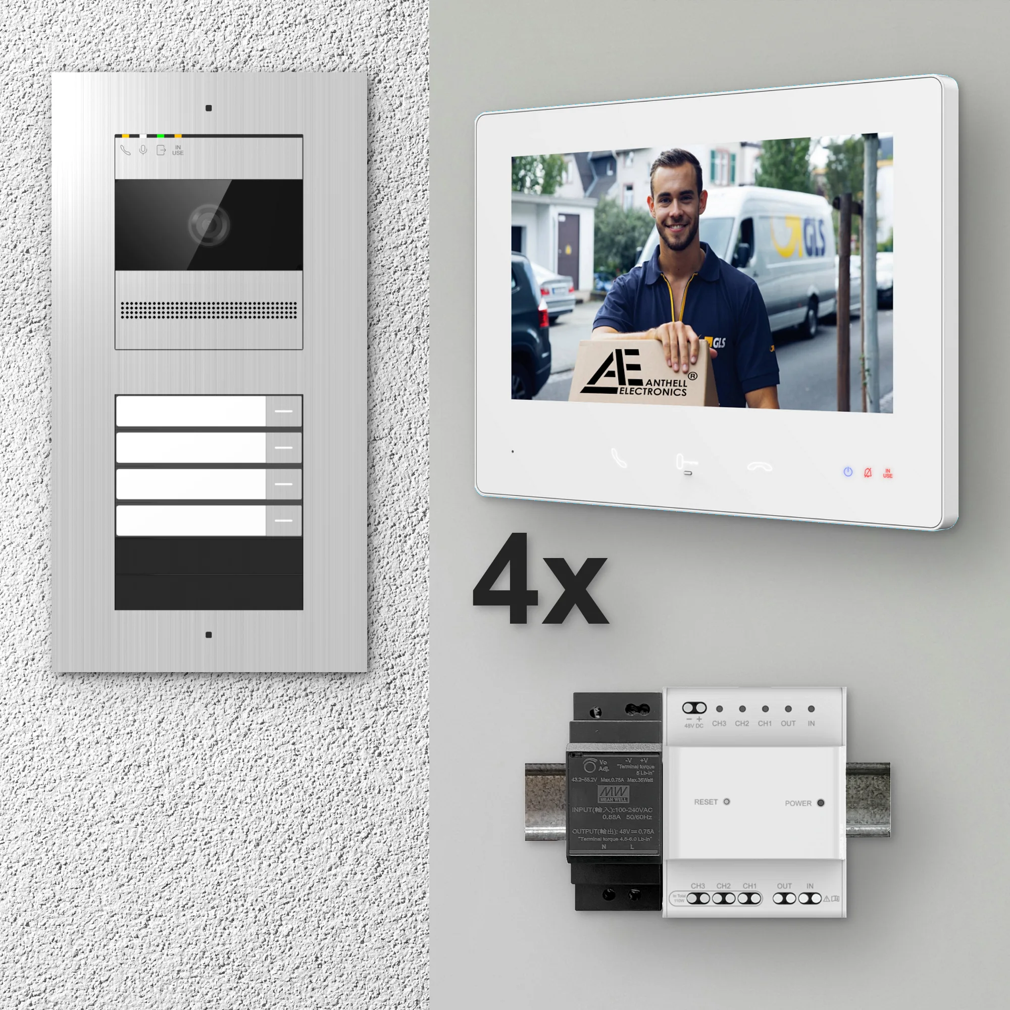 2W-4FVS-7MW-4 / 4-Fam. Video Sprechanlage / Edelstahl / 2-Draht / 2MP Kamera / 7" Monitor / Weiß