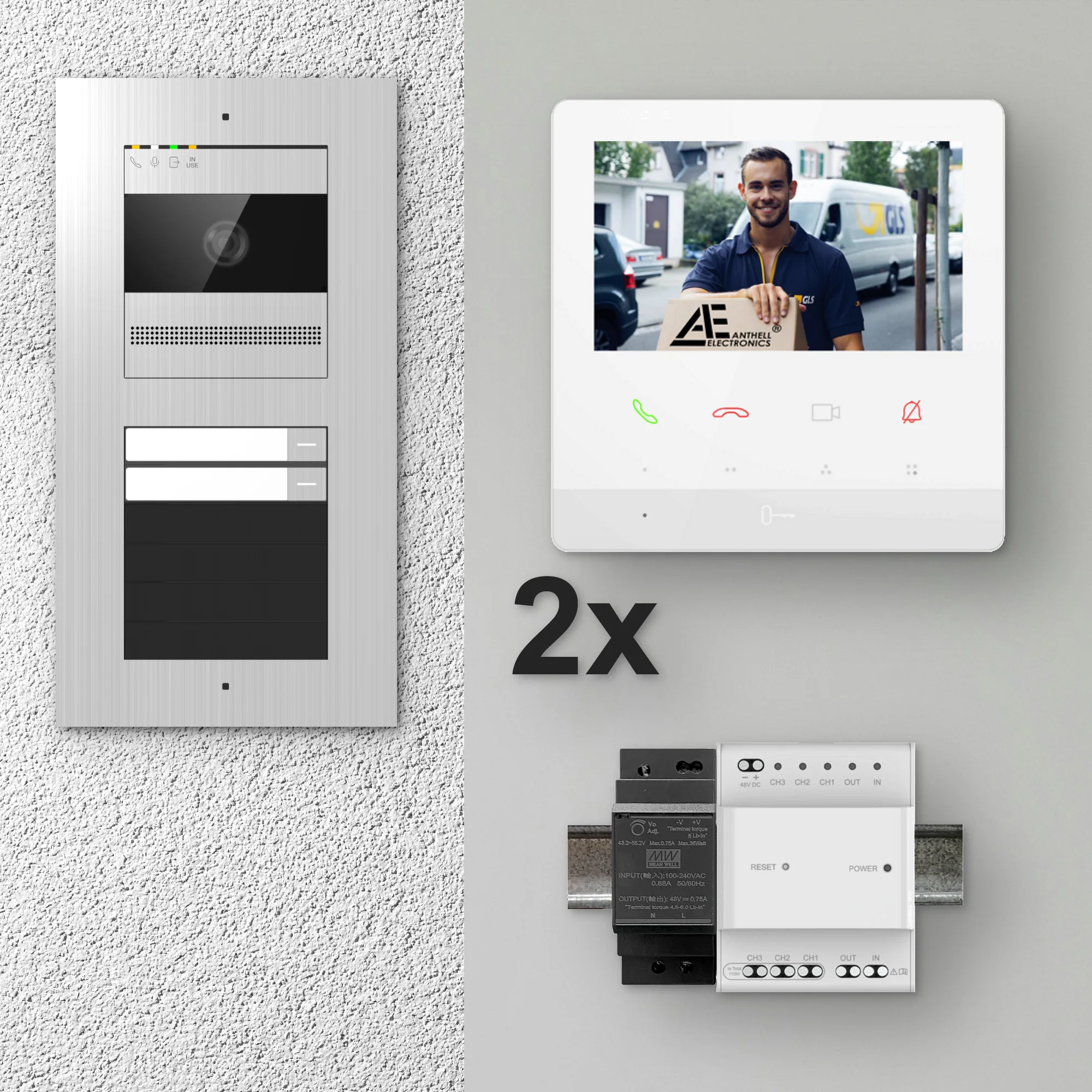 2W-2FVS-4MW-2 / 2-Fam. Video Sprechanlage / Edelstahl / 2-Draht / 2MP Kamera / 4,3" Monitor / Weiß