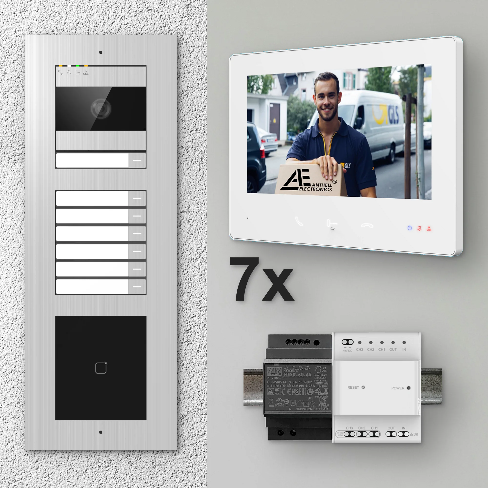 2W-7FVS-M-7MW-7 / Edelstahl 7-Fam. Videotürsprechanlage / 2MP Kamera / 13,56 MHz Karten-Leser / 2-Draht / 7" Monitor Weiß