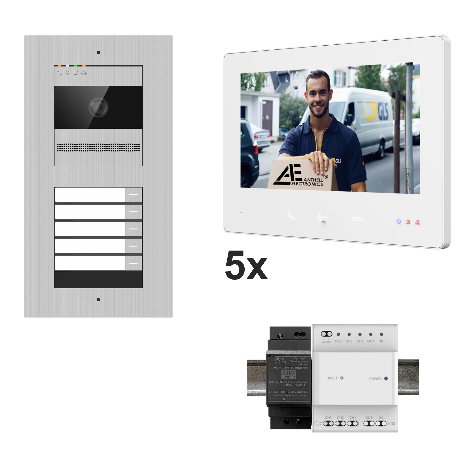 2W-5FVS-7MW-5 / 5-Fam. Video Sprechanlage / Edelstahl / 2-Draht / 2MP Kamera / 7" Monitor / Weiß