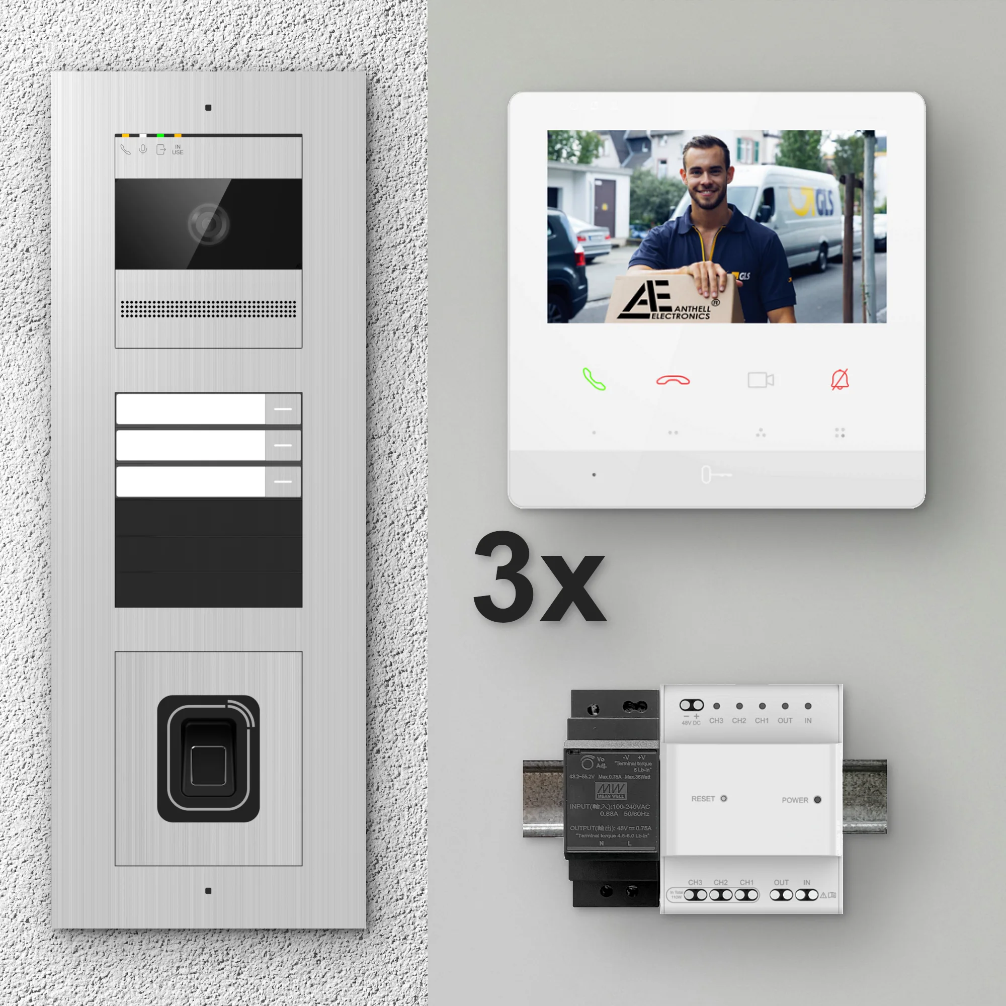 2W-3FVS-F-4MW-3 / Edelstahl 3-Fam. Videotürsprechanlage / 2MP Kamera / Fingerprint / Mifare / 2-Draht / 4,3" Monitor Weiß