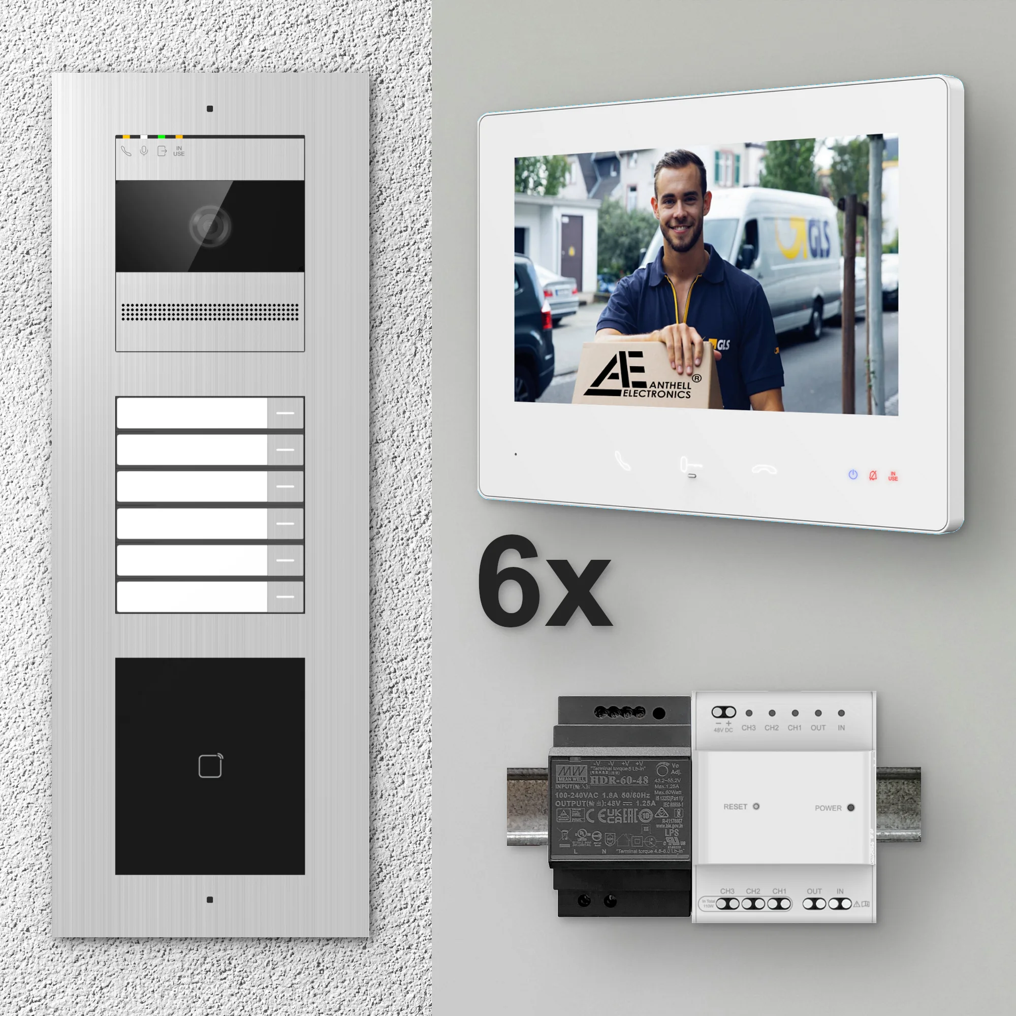 2W-6FVS-M-7MW-6 / Edelstahl 6-Fam. Videotürsprechanlage / 2MP Kamera / 13,56 MHz Karten-Leser / 2-Draht / 7" Monitor Weiß