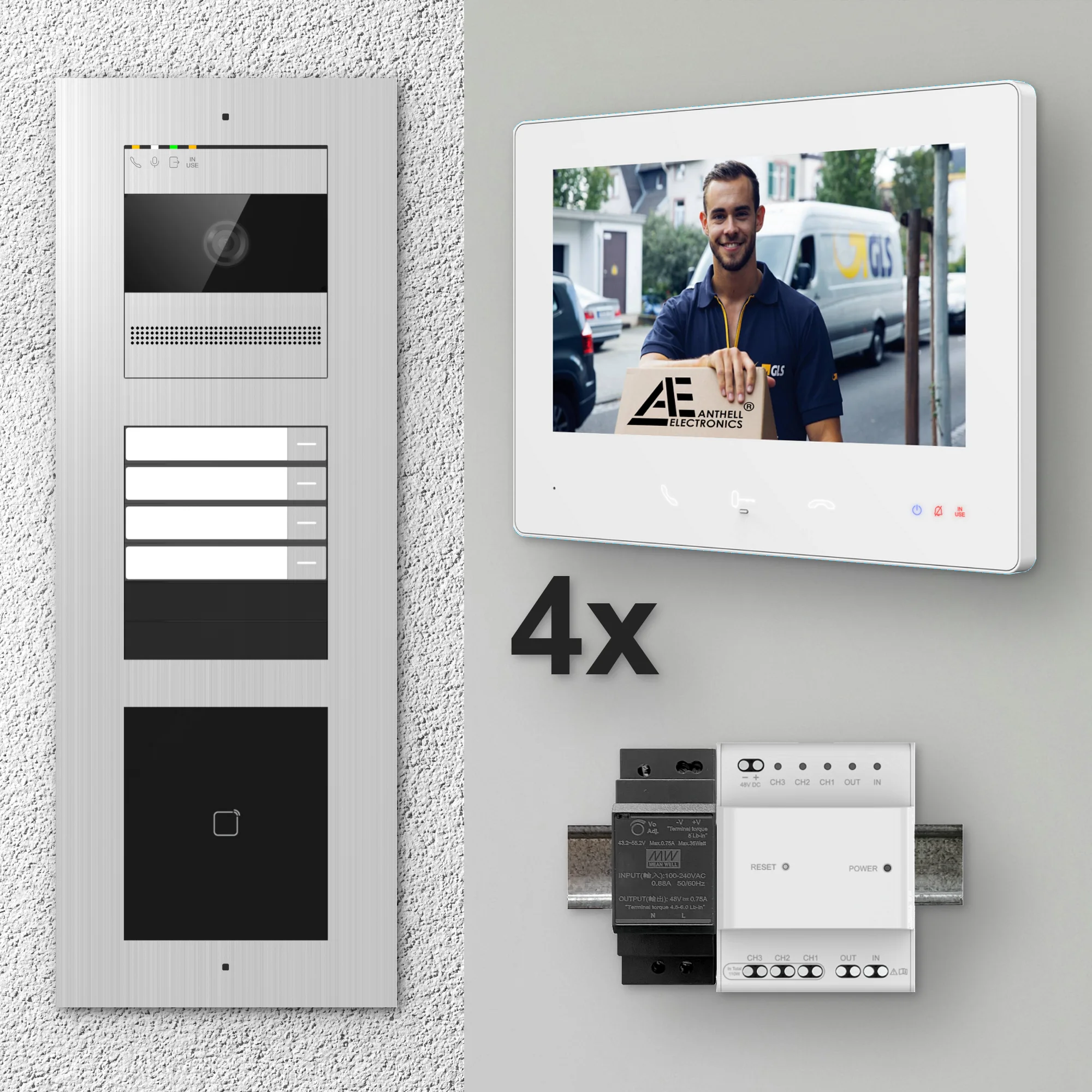 2W-4FVS-M-7MW-4 / Edelstahl 4-Fam. Videotürsprechanlage / 2MP Kamera / 13,56 MHz Karten-Leser / 2-Draht / 7" Monitor Weiß