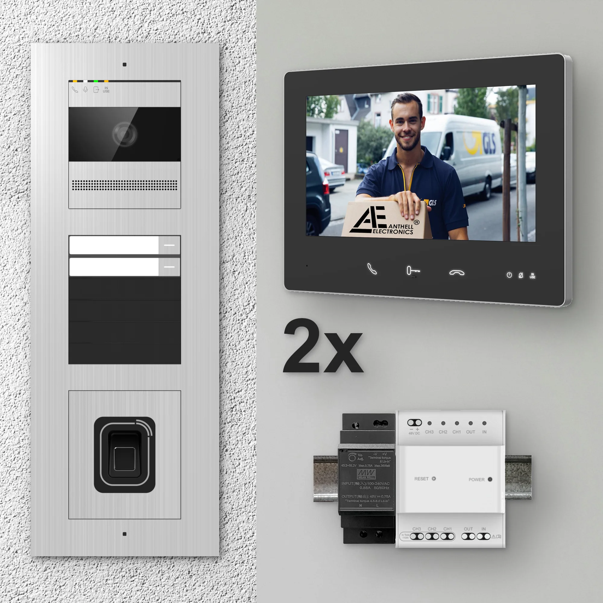 2W-2FVS-F-7MB-2 / Edelstahl 2-Fam. Videotürsprechanlage / 2MP Kamera / Fingerprint / Mifare / 2-Draht / 7" Monitor Schwarz