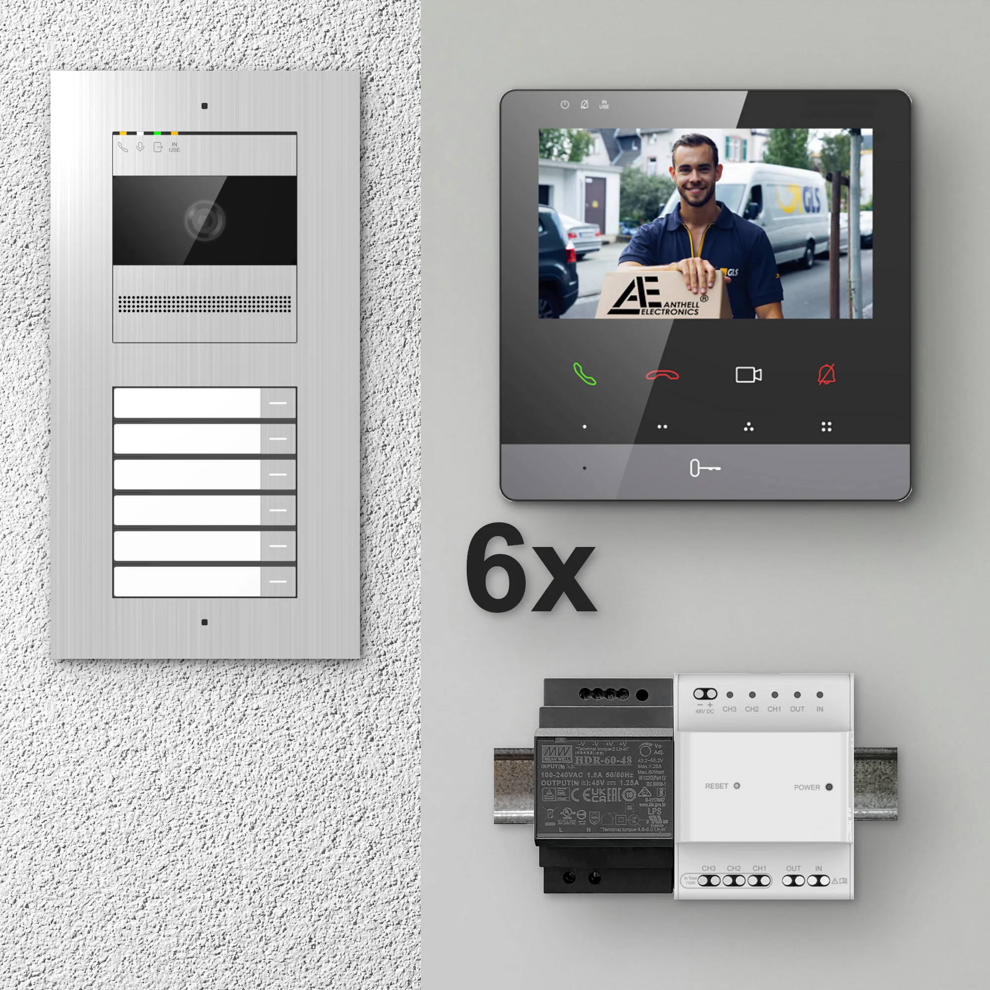 2W-6FVS-4MB-6 / 6-Fam. Video Sprechanlage / Edelstahl / 2-Draht / 2MP Kamera / 4,3" Monitor / Schwarz