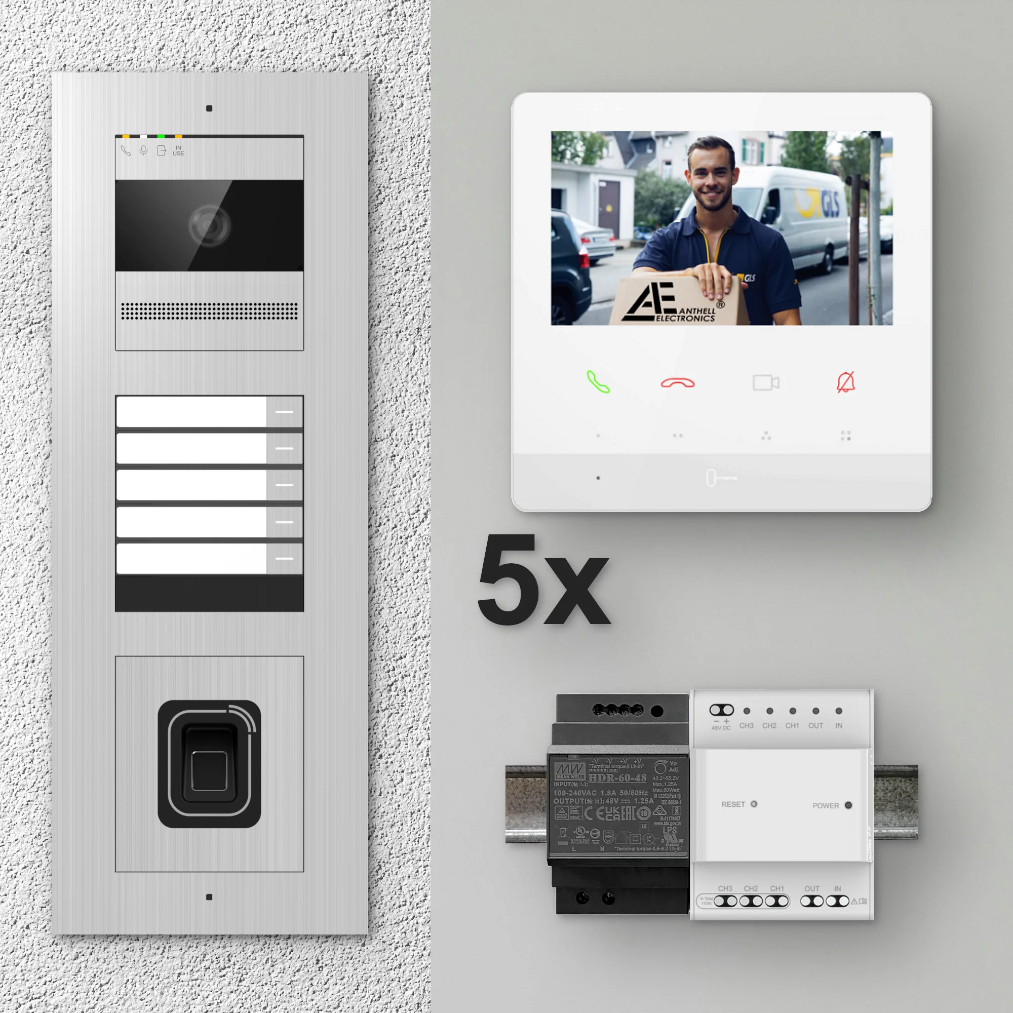 2W-5FVS-F-4MW-5 / Edelstahl 5-Fam. Videotürsprechanlage / 2MP Kamera / Fingerprint / Mifare / 2-Draht / 4,3" Monitor Weiß