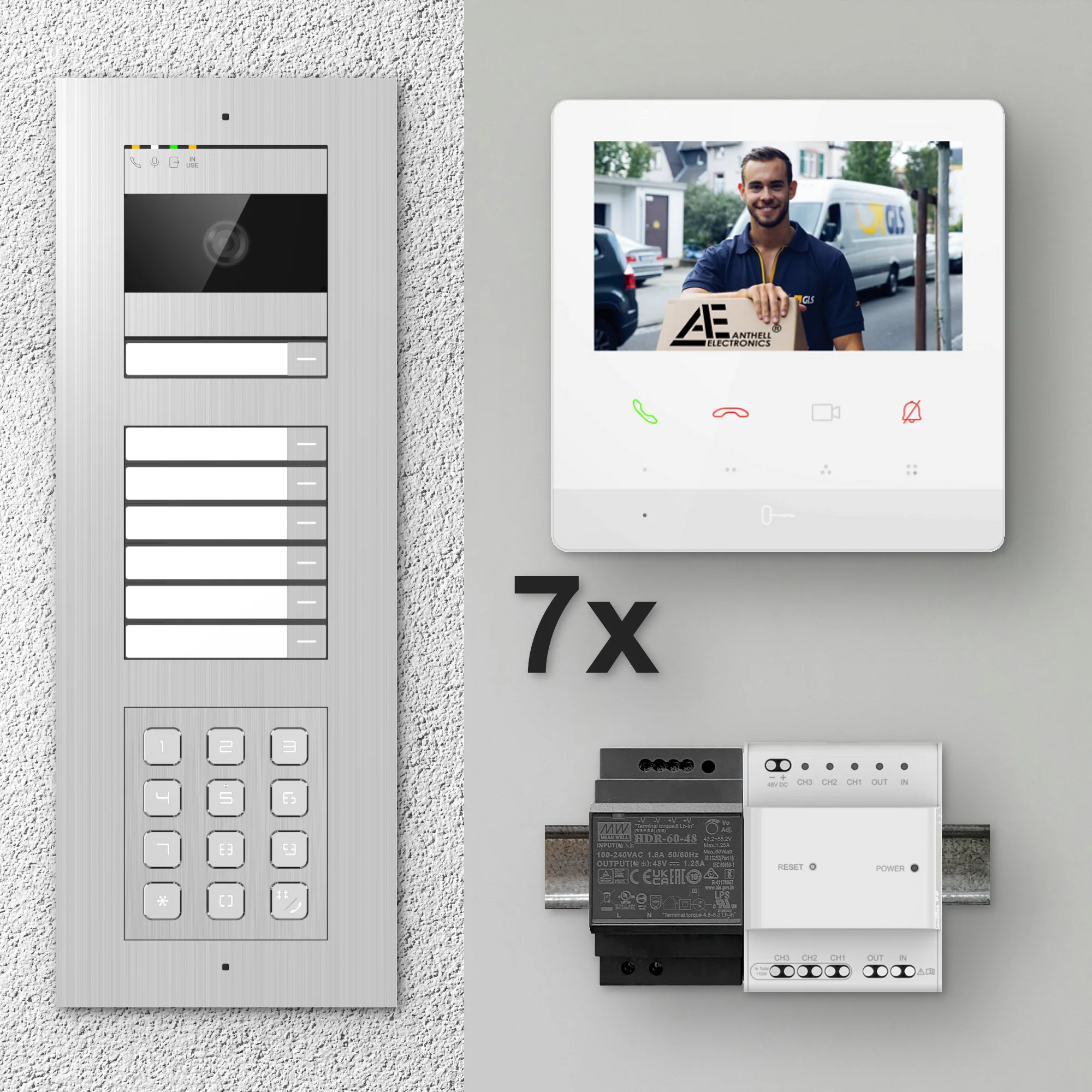 2W-7FVS-C-4MW-7 / Edelstahl 7-Fam. Videotürsprechanlage / 2MP Kamera / Pin-Code / 2-Draht / 4,3" Monitor Weiß
