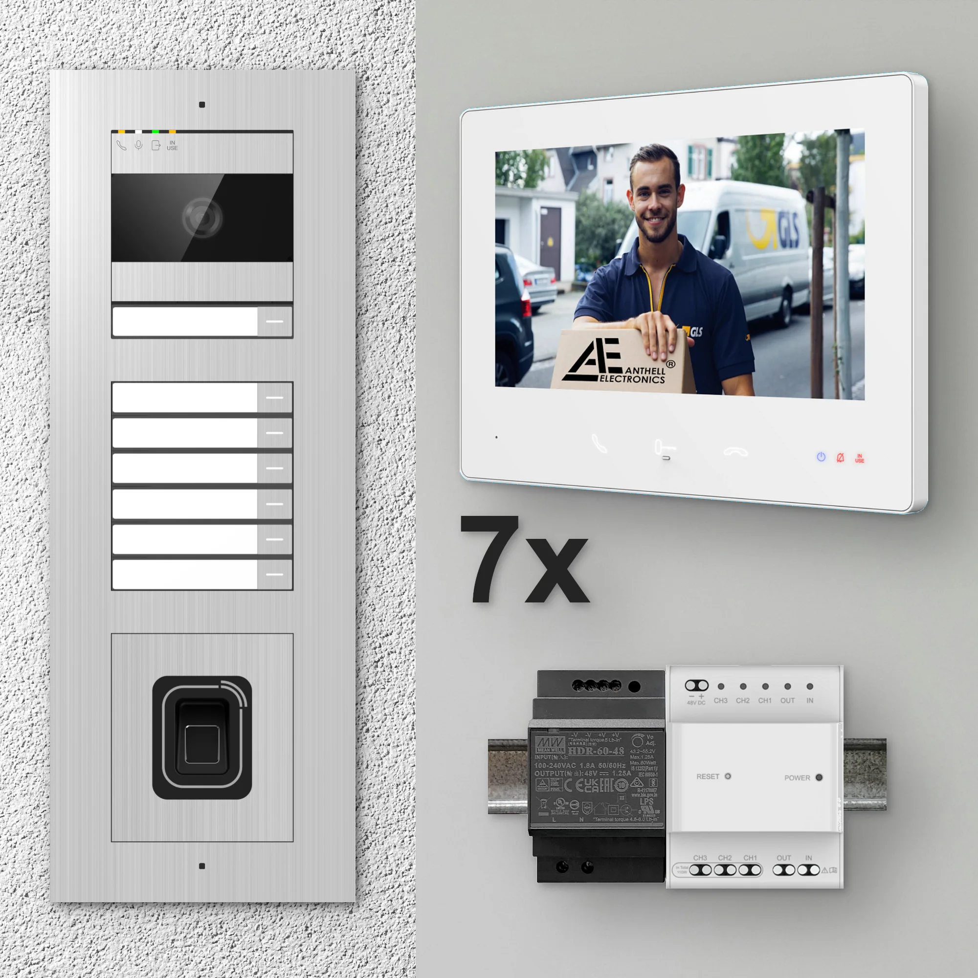 2W-7FVS-F-7MW-7 / Edelstahl 7-Fam. Videotürsprechanlage / 2MP Kamera / Fingerprint / Mifare / 2-Draht / 7" Monitor Weiß