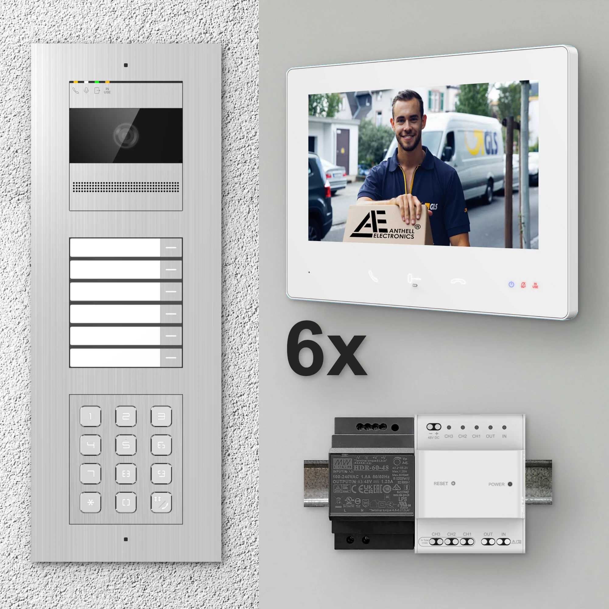 2W-6FVS-C-7MW-6 / Edelstahl 6-Fam. Videotürsprechanlage / 2MP Kamera / PIN-Code / 2-Draht / 7" Monitor Weiß