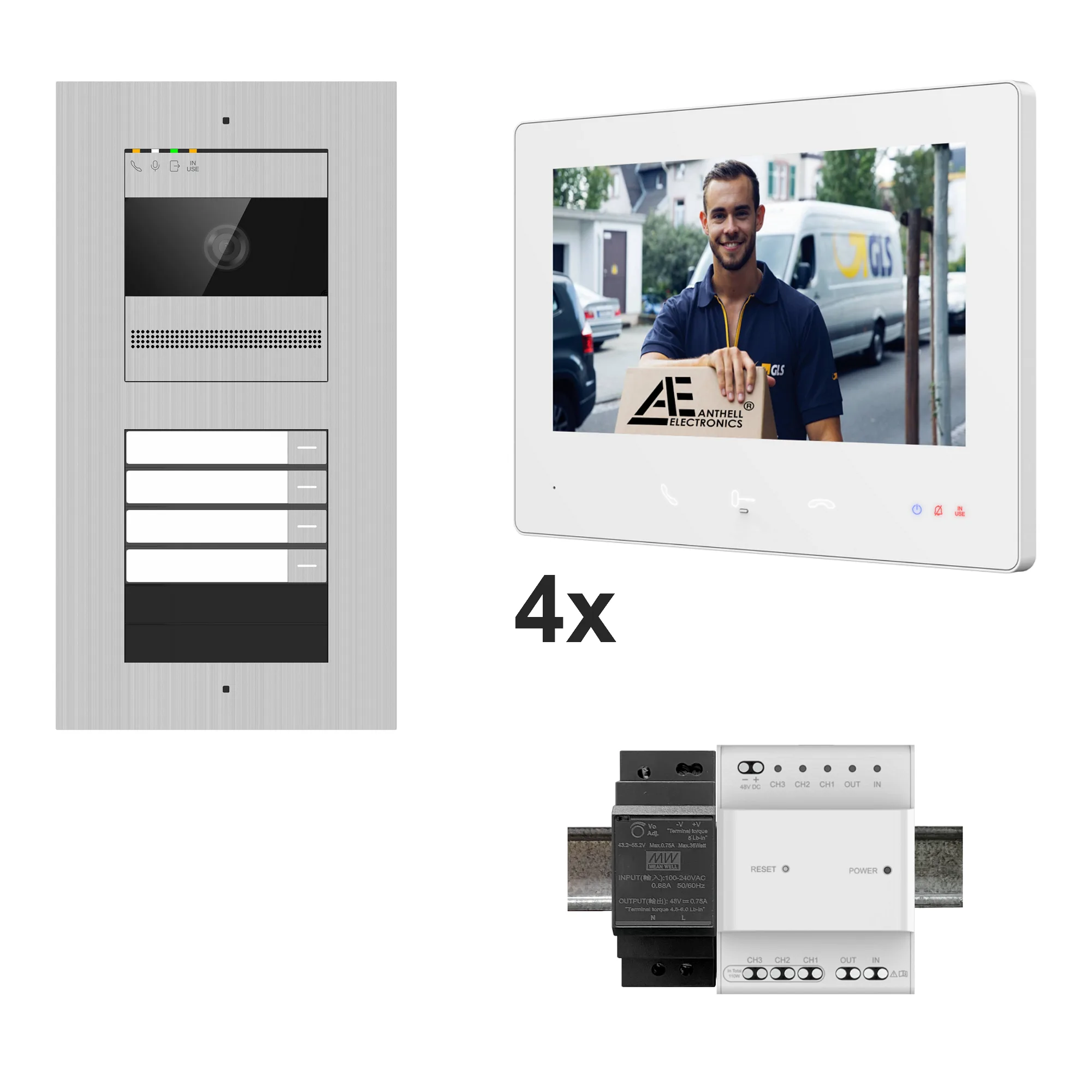 2W-4FVS-7MW-4 / 4-Fam. Video Sprechanlage / Edelstahl / 2-Draht / 2MP Kamera / 7" Monitor / Weiß