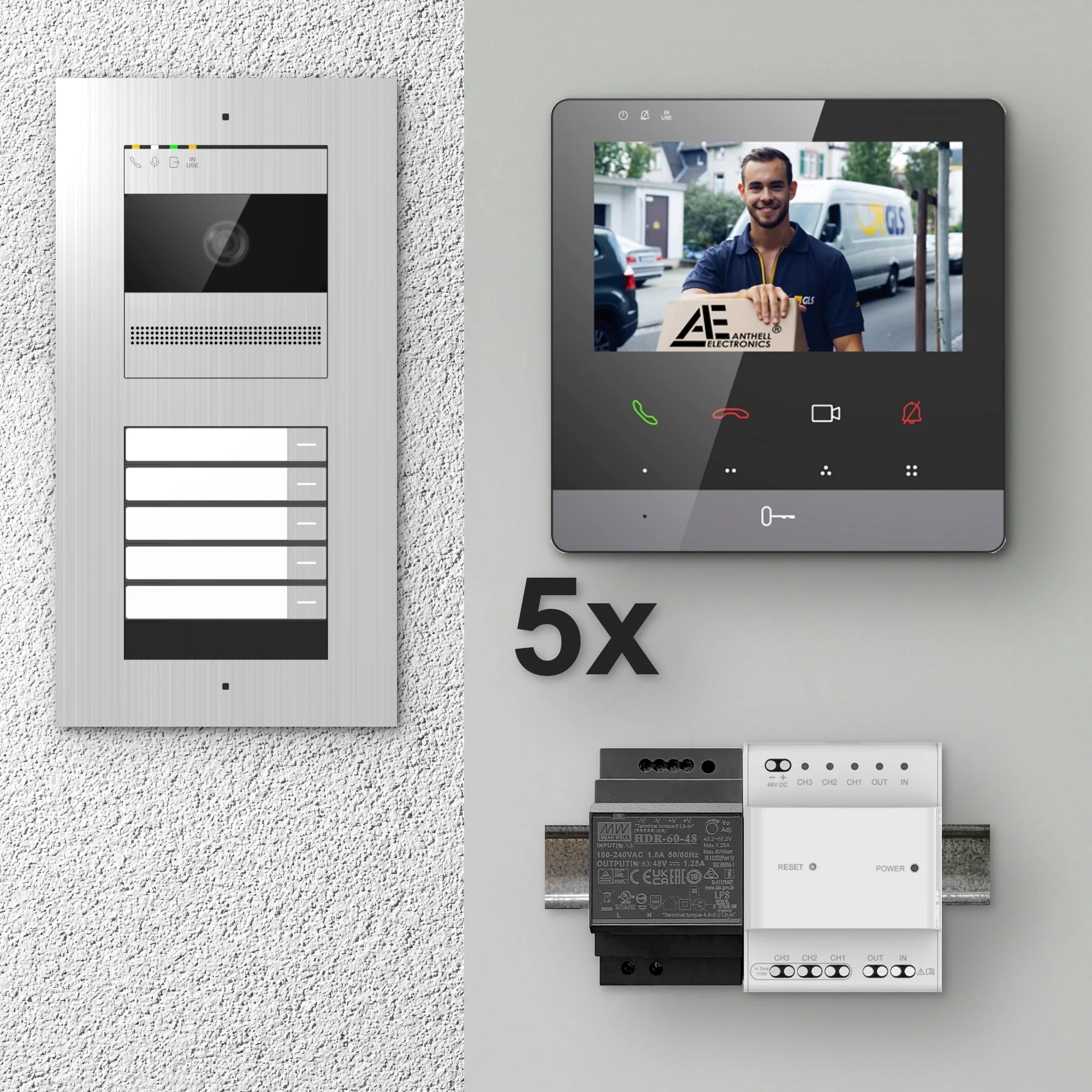 2W-5FVS-4MB-5 / 5-Fam. Video Sprechanlage / Edelstahl / 2-Draht / 2MP Kamera / 4,3" Monitor / Schwarz