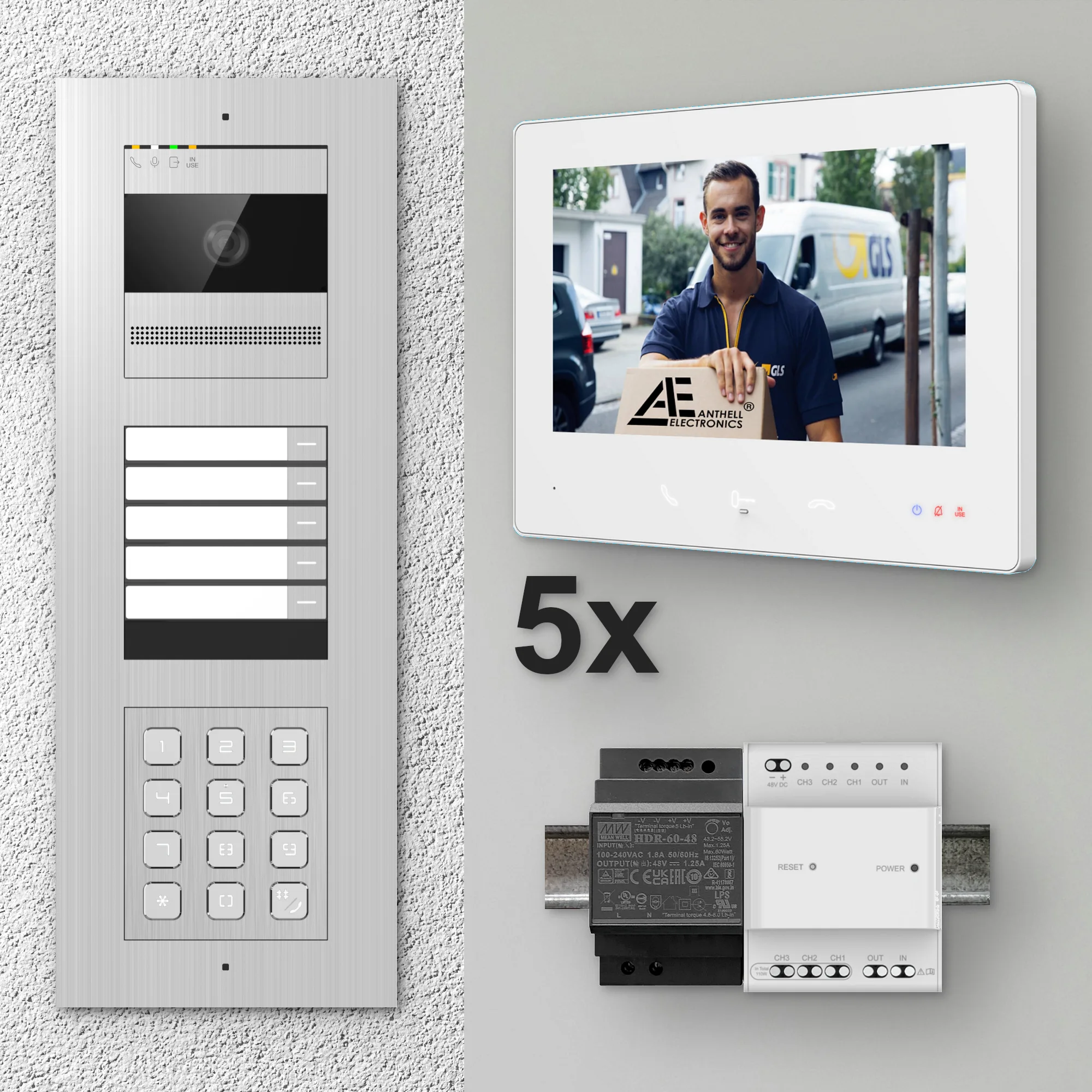 2W-5FVS-C-7MW-5 / Edelstahl 5-Fam. Videotürsprechanlage / 2MP Kamera / PIN-Code / 2-Draht / 7" Monitor Weiß