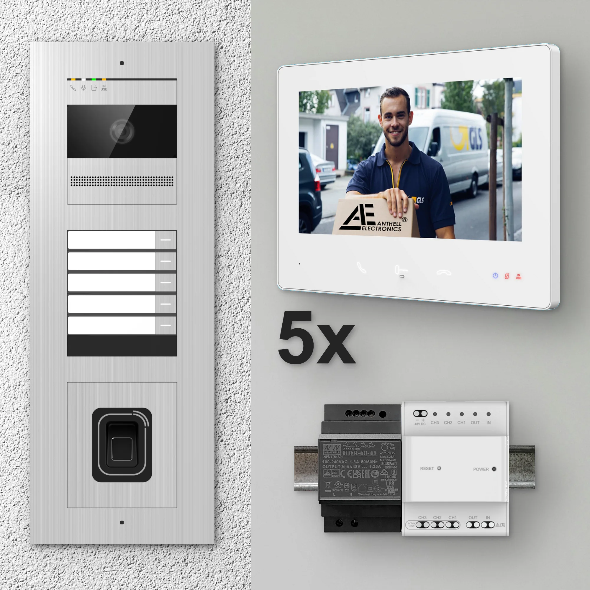 2W-5FVS-F-7MW-5 / Edelstahl 5-Fam. Videotürsprechanlage / 2MP Kamera / Fingerprint / Mifare / 2-Draht / 7" Monitor Weiß