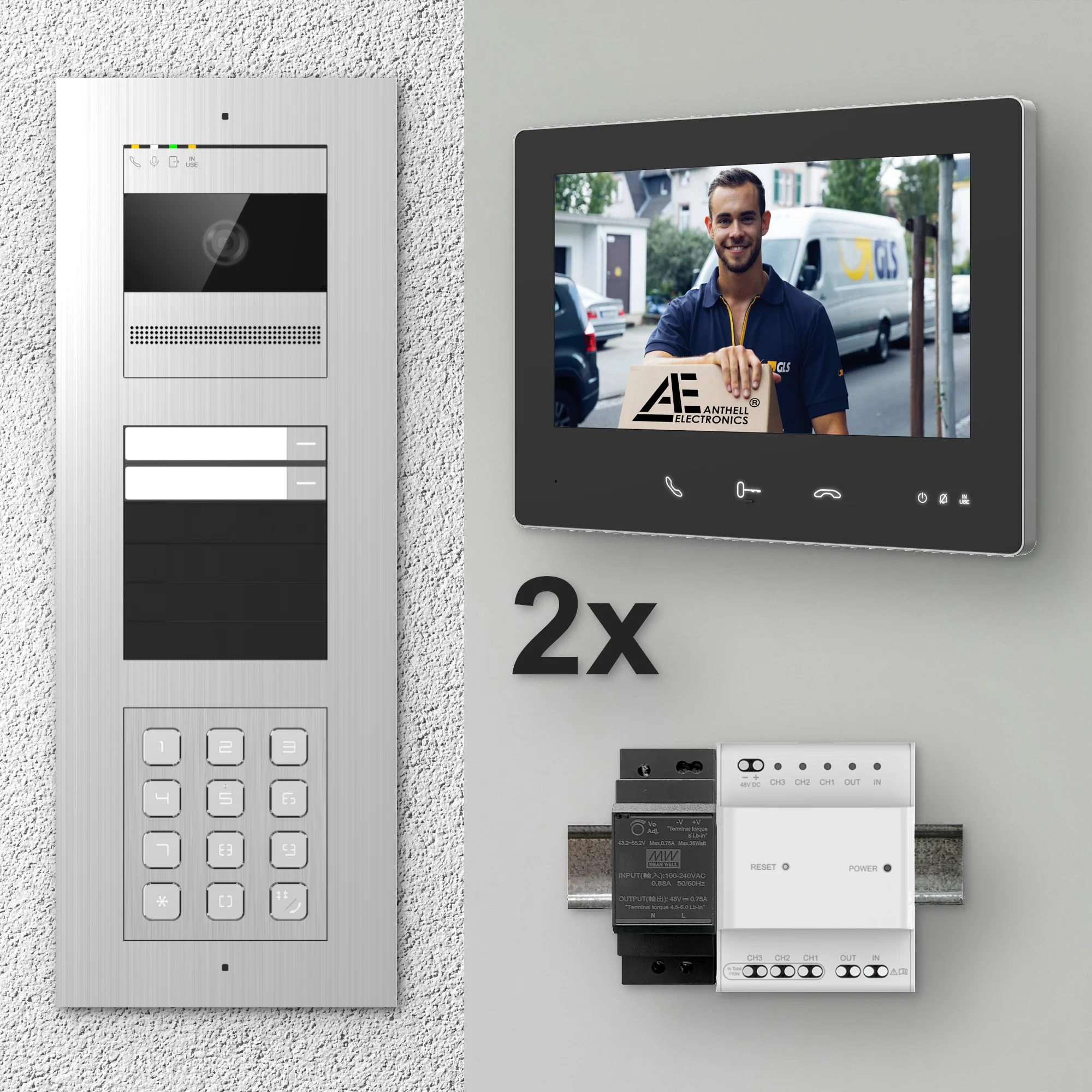 2W-2FVS-C-7MB-2 / Edelstahl 2-Fam. Videotürsprechanlage / 2MP Kamera / PIN-Code / 2-Draht / 7" Monitor Schwarz