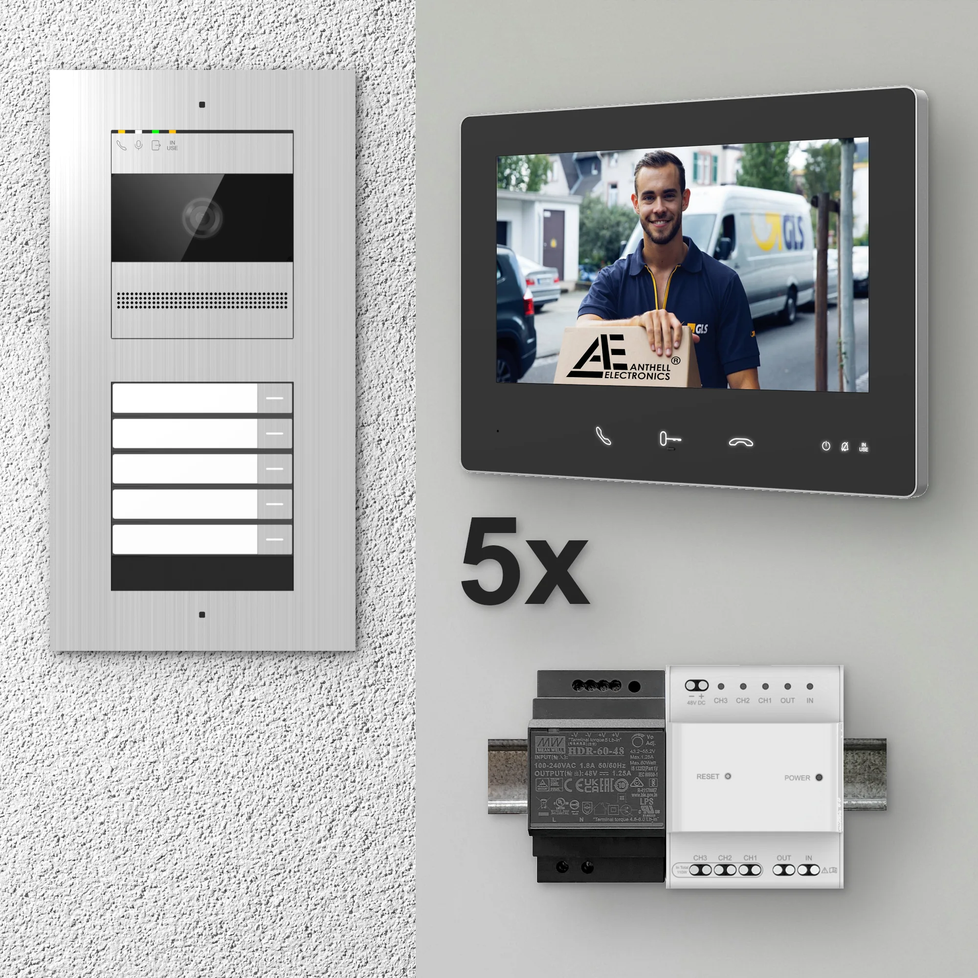 2W-5FVS-7MB-5 / 5-Fam. Video Sprechanlage / Edelstahl / 2-Draht / 2MP Kamera / 7" Monitor / Schwarz
