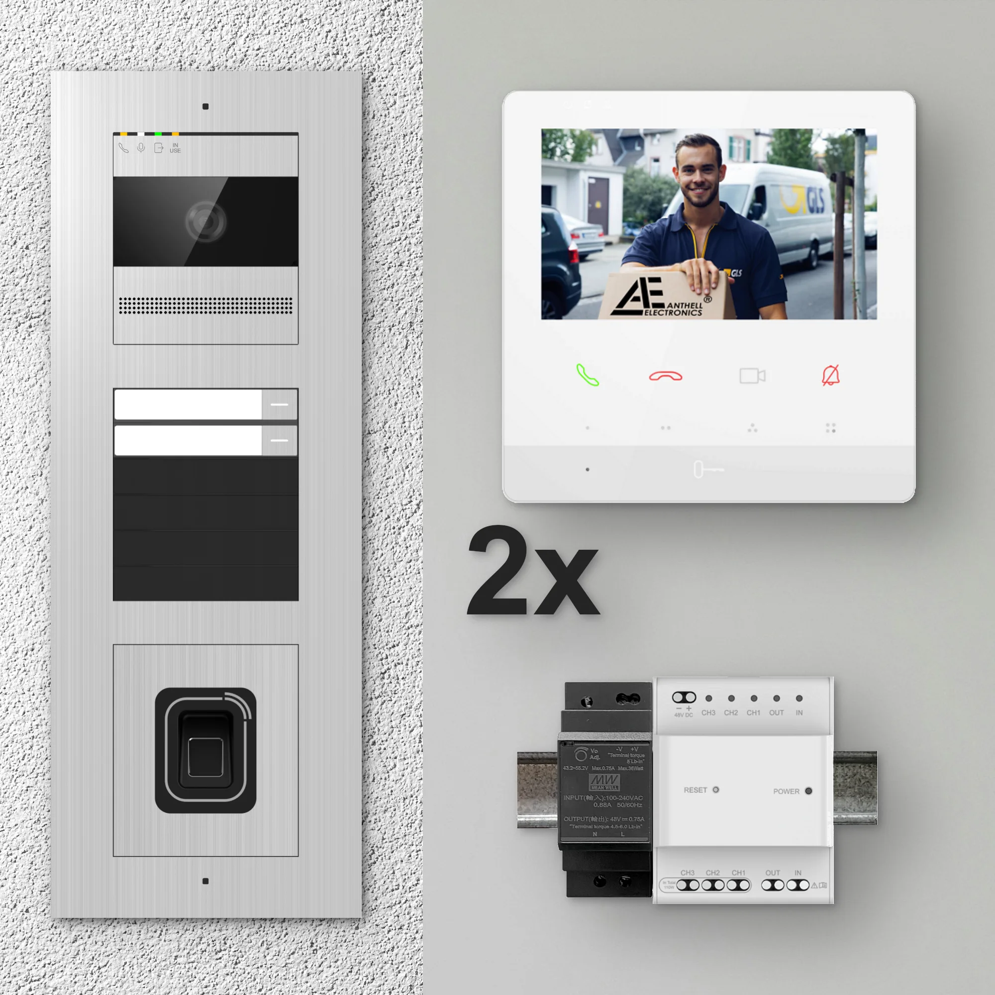 2W-2FVS-F-4MW-2 / Edelstahl 2-Fam. Videotürsprechanlage / 2MP Kamera / Fingerprint / Mifare / 2-Draht / 4,3" Monitor Weiß
