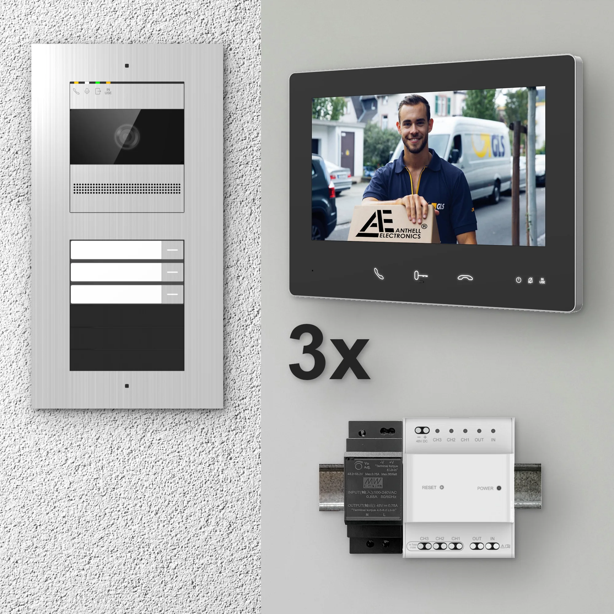 2W-3FVS-7MB-3 / 3-Fam. Video Sprechanlage / Edelstahl / 2-Draht / 2MP Kamera / 7" Monitor / Schwarz